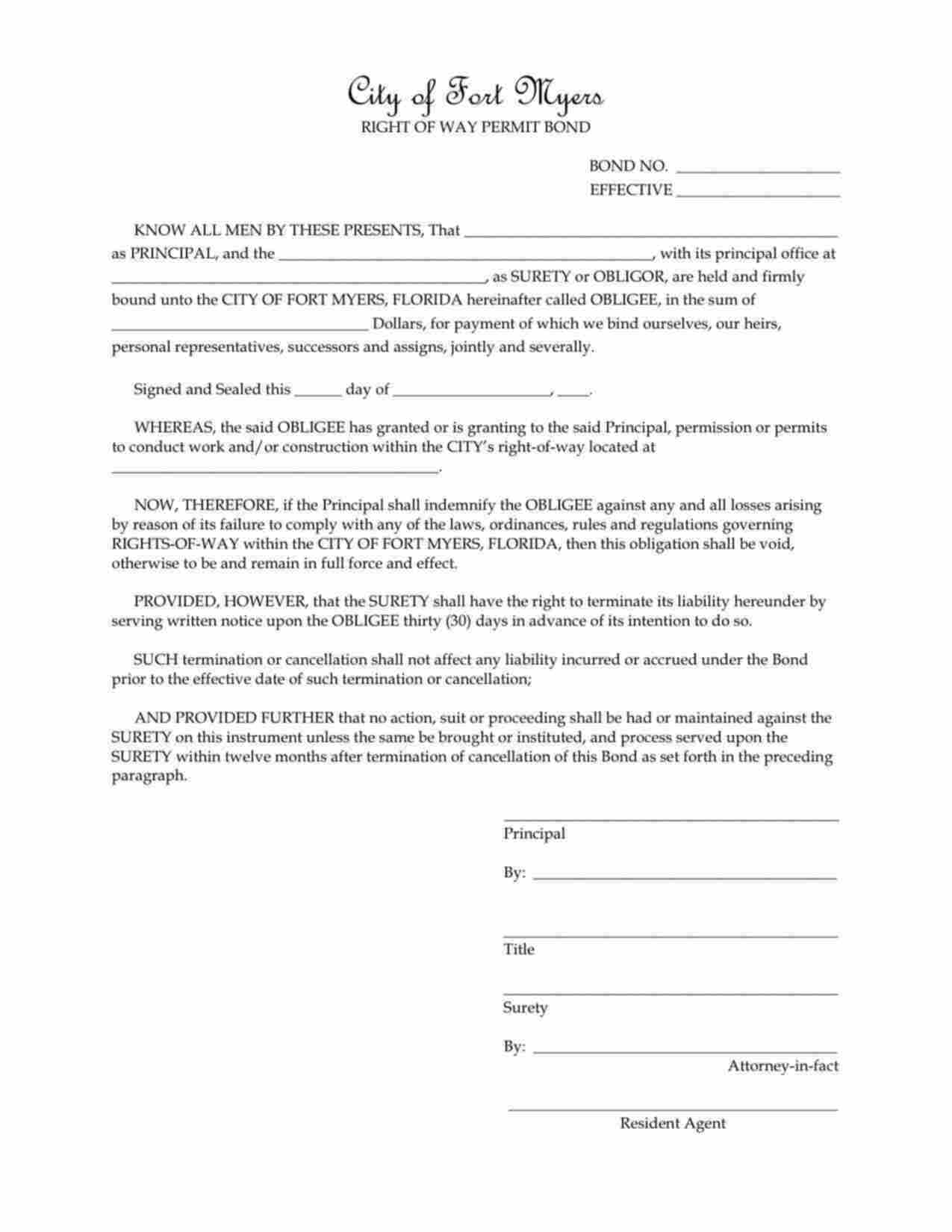 Florida Right-of-Way Permit Bond Form