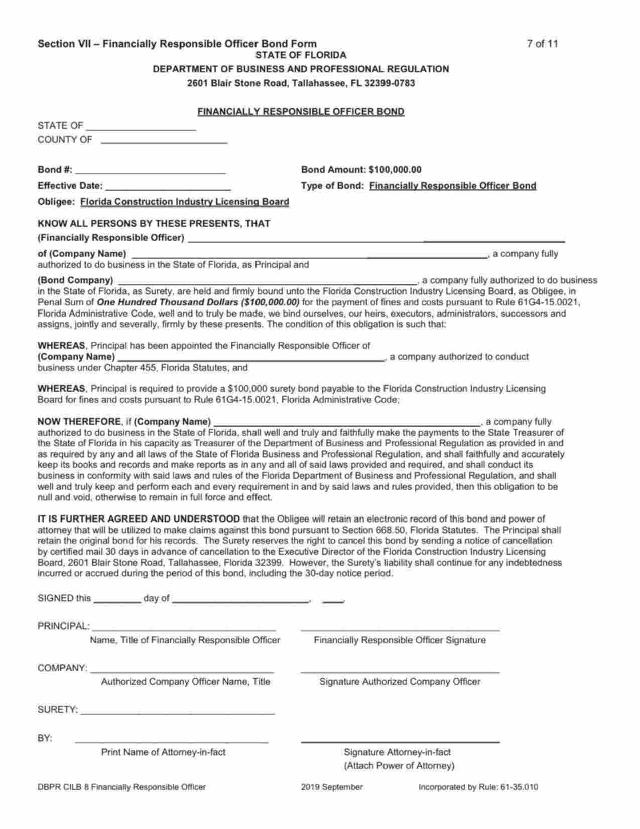 Florida Financially Responsible Officer (FRO) Bond Form