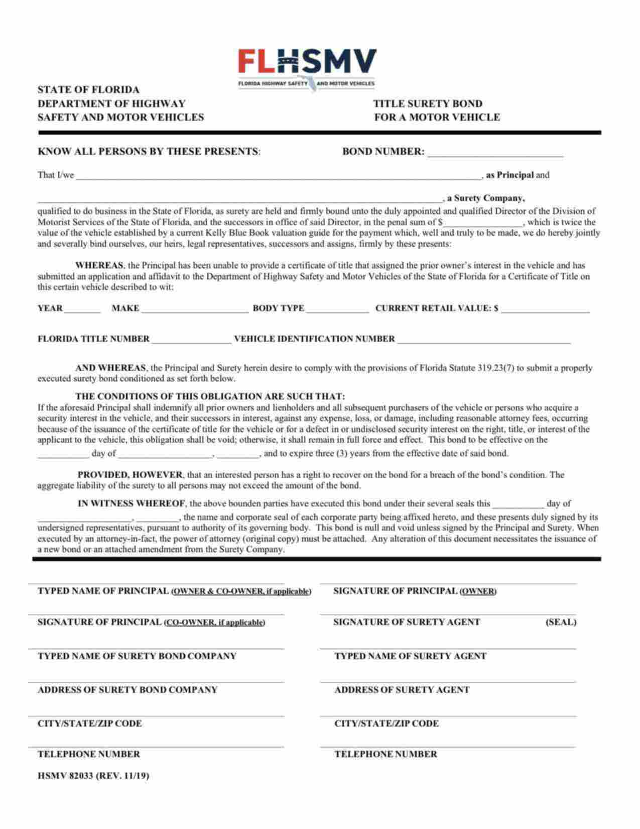 Florida Motor Vehicle Certificate of Title Bond Form