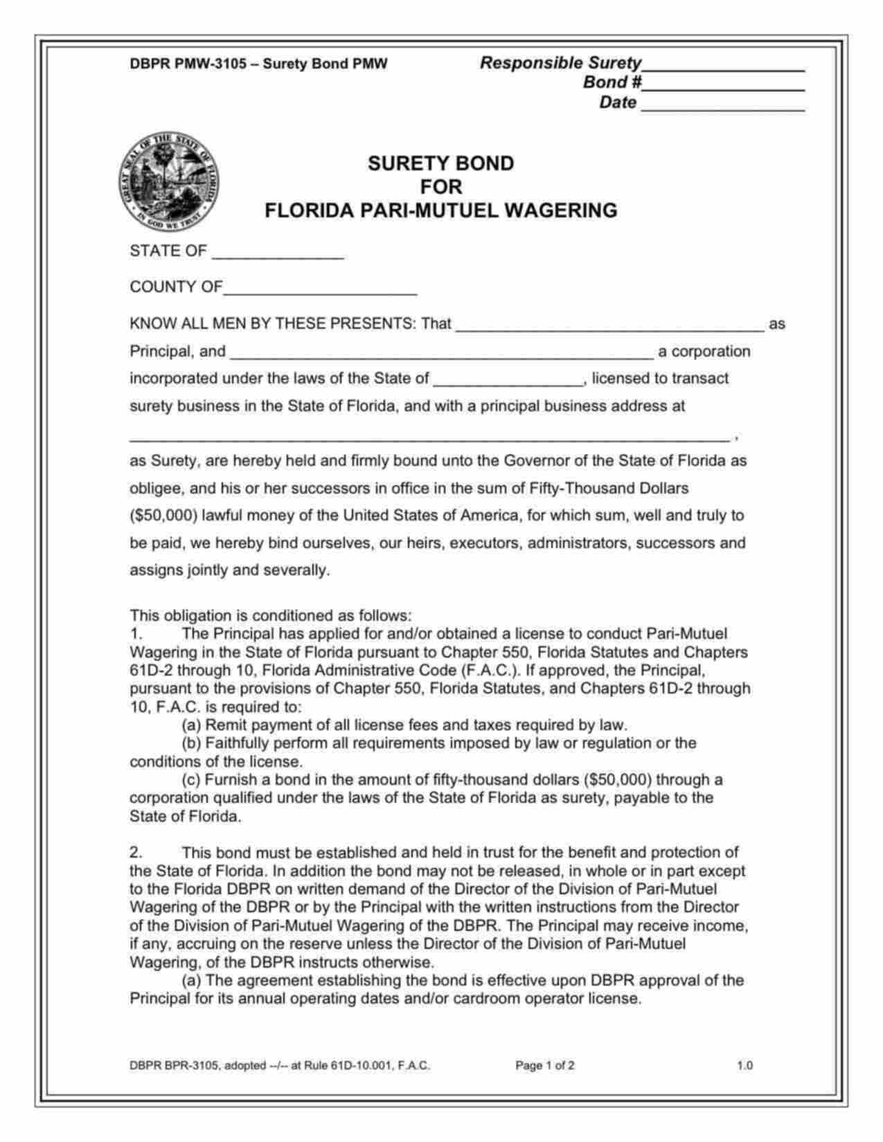 Florida Pari-Mutuel Wagering Bond Form