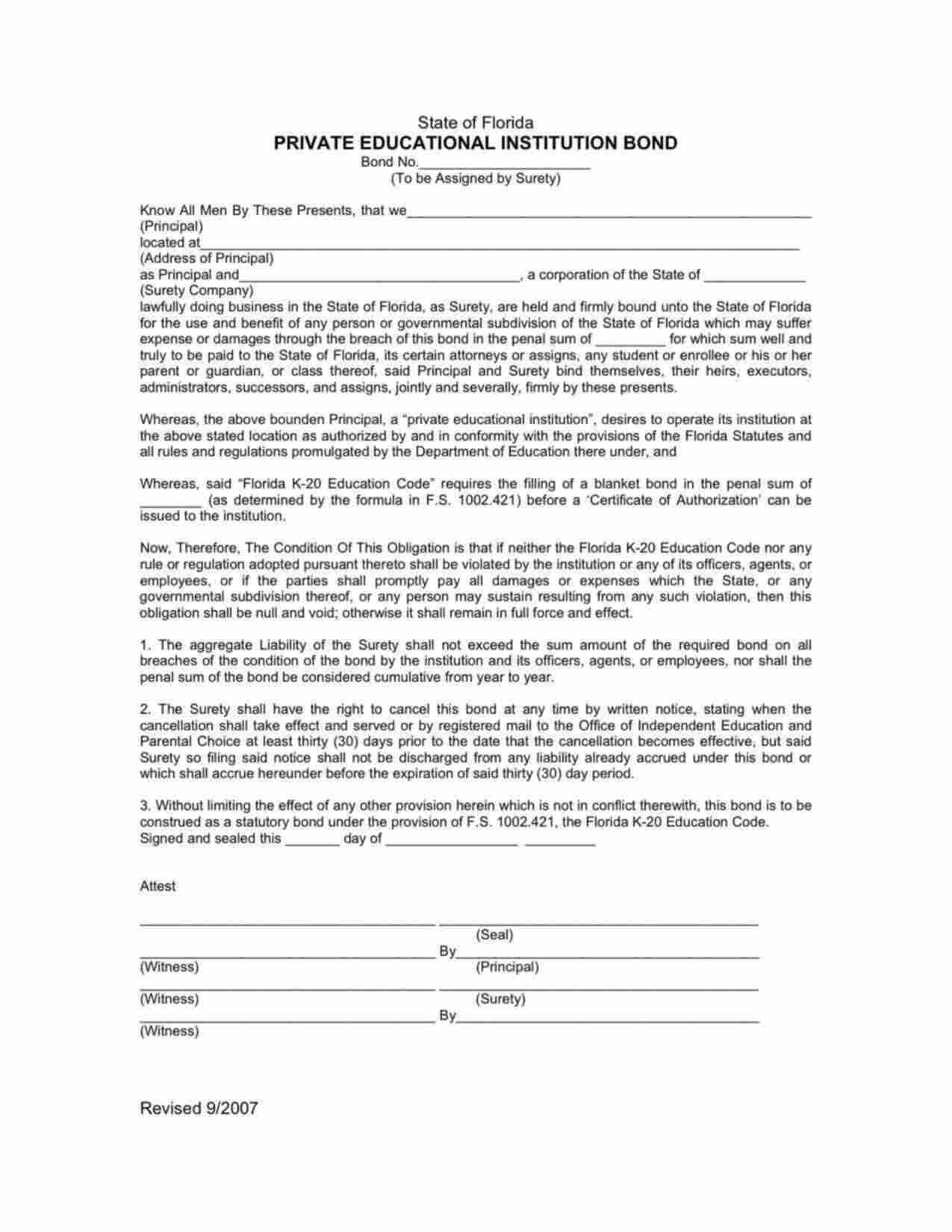 Florida Private Educational Institution Bond Form