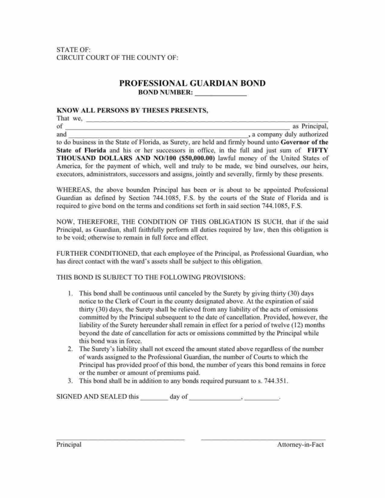 Florida Professional Guardian Bond Form