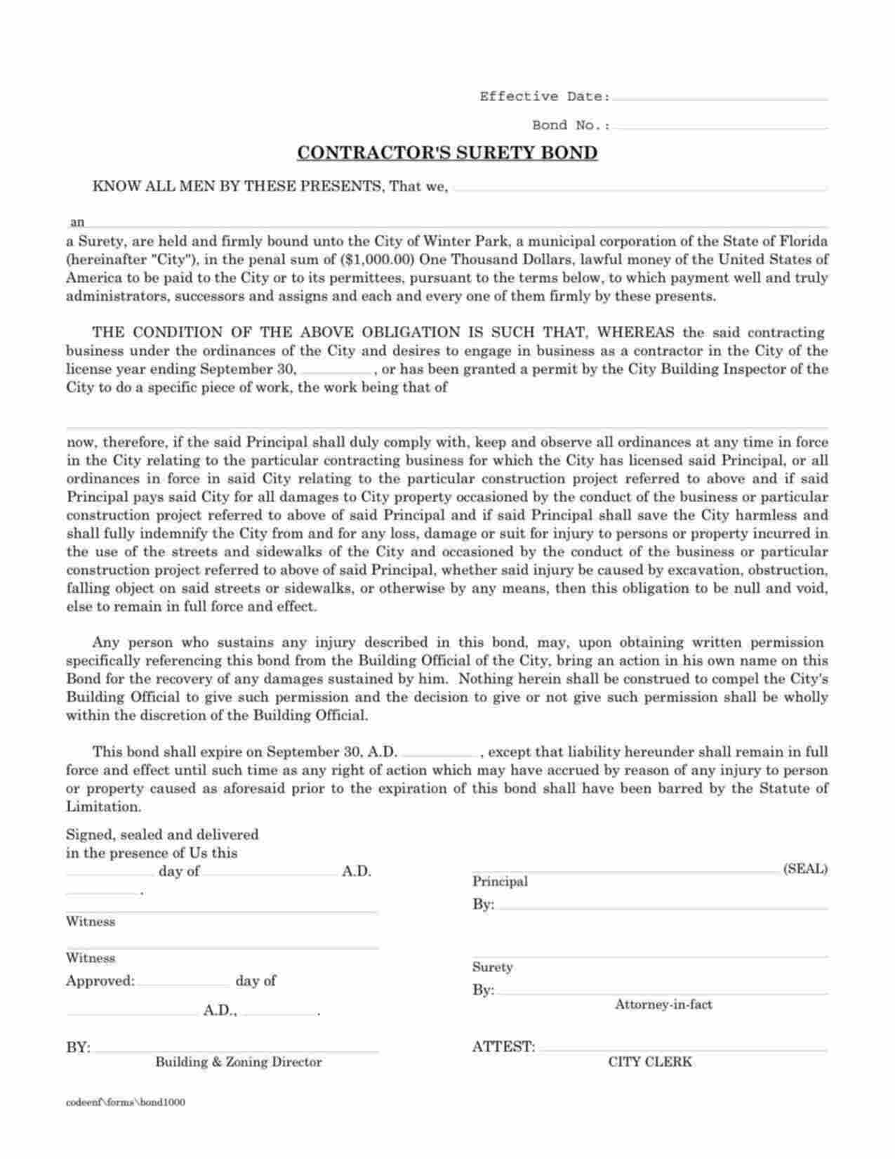 Florida License/Permit Bond Form