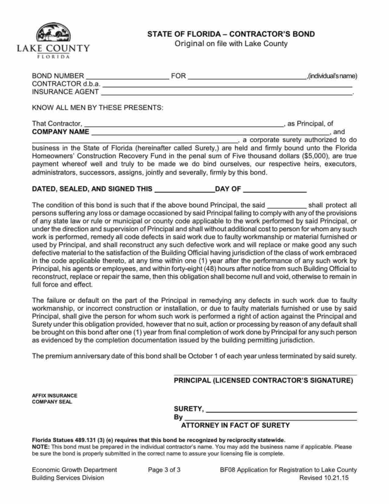 Florida Contractors License Bond Form