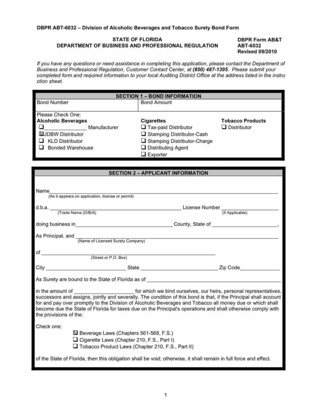 Florida JDBW Distributor (Beer and Wine) Bond Form