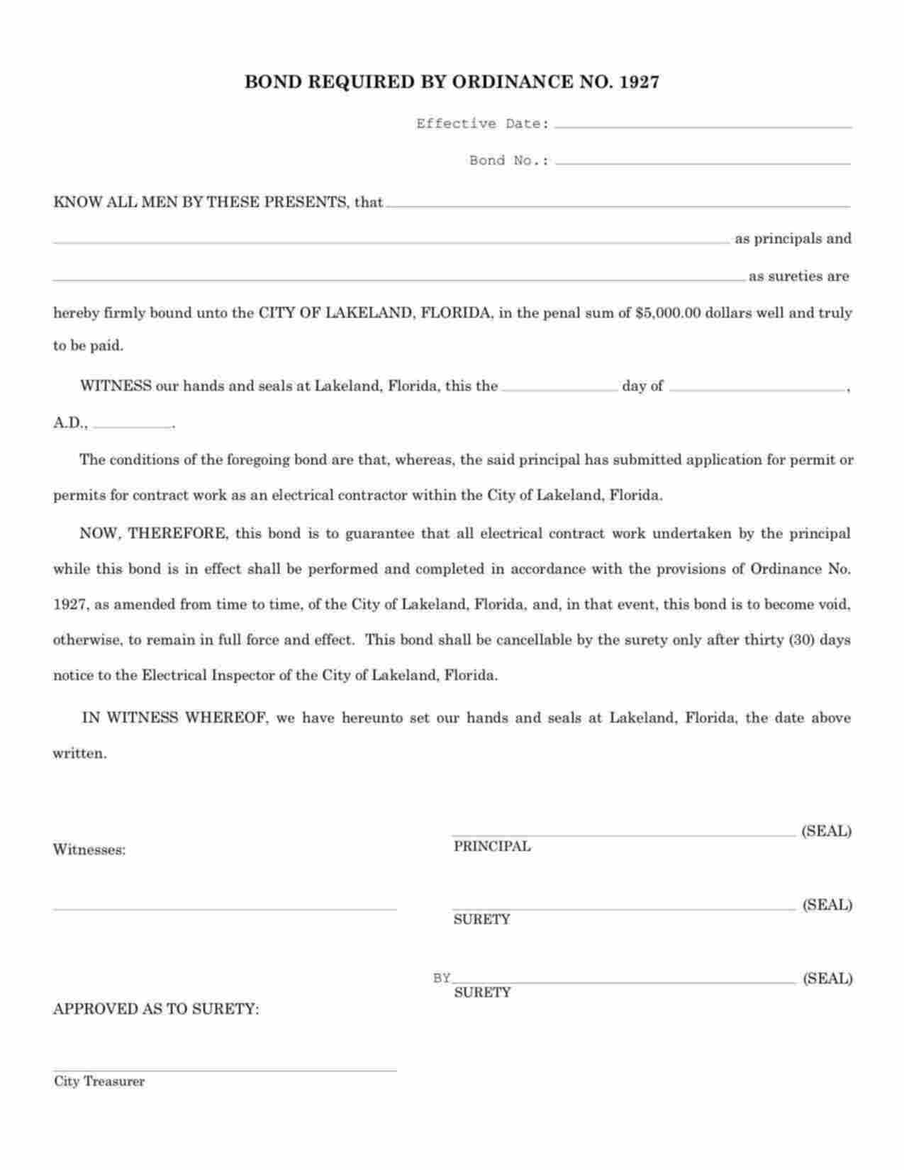 Florida Electrical Contractor Bond Form