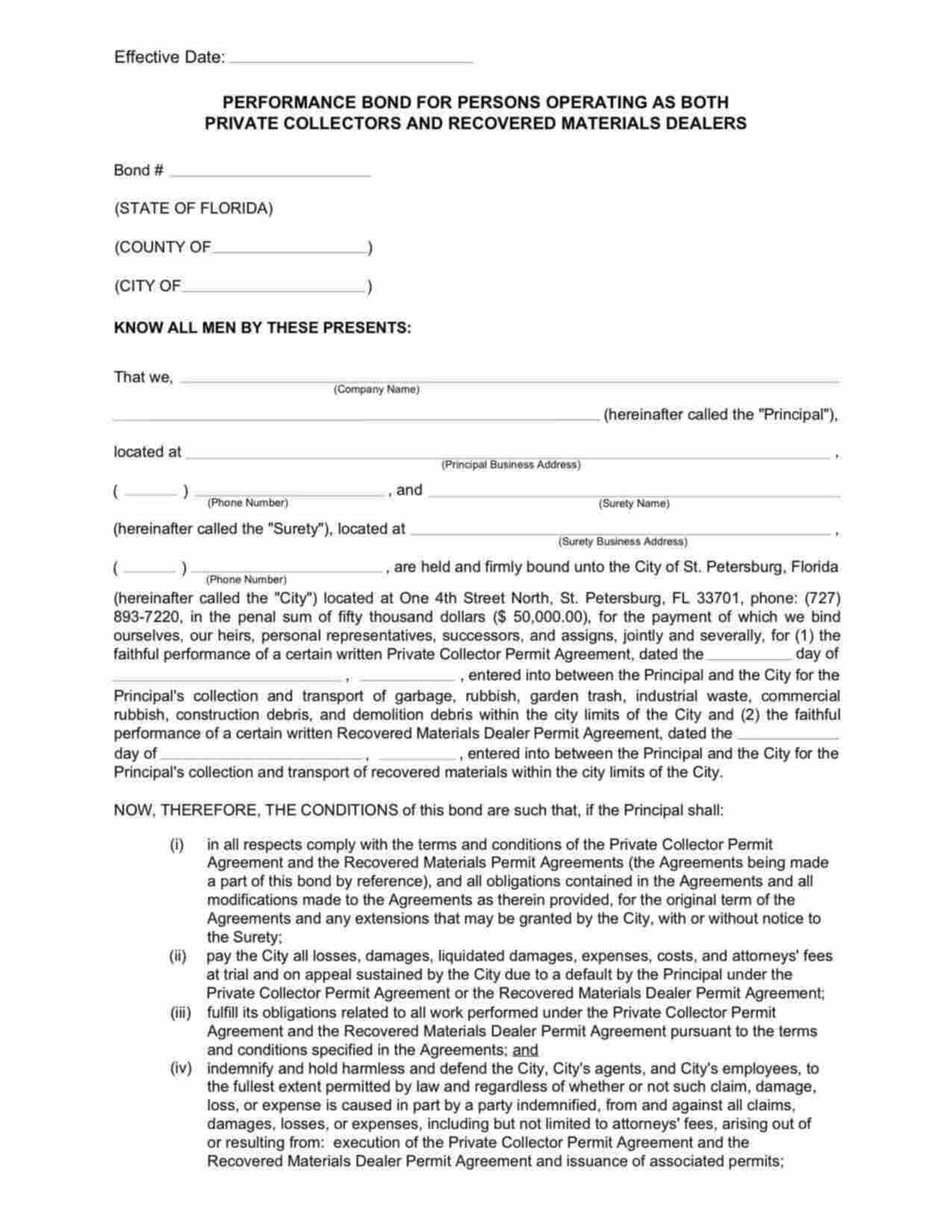 Florida Private Collectors and Recovered Materials Dealers Bond Form