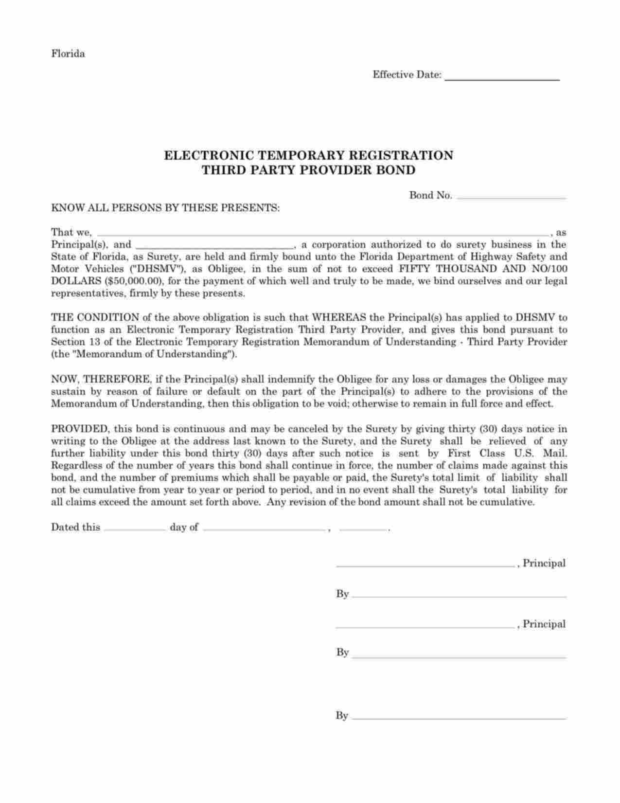 Florida Electronic Temporary Registration (ETR) Third Party Provider Bond Form