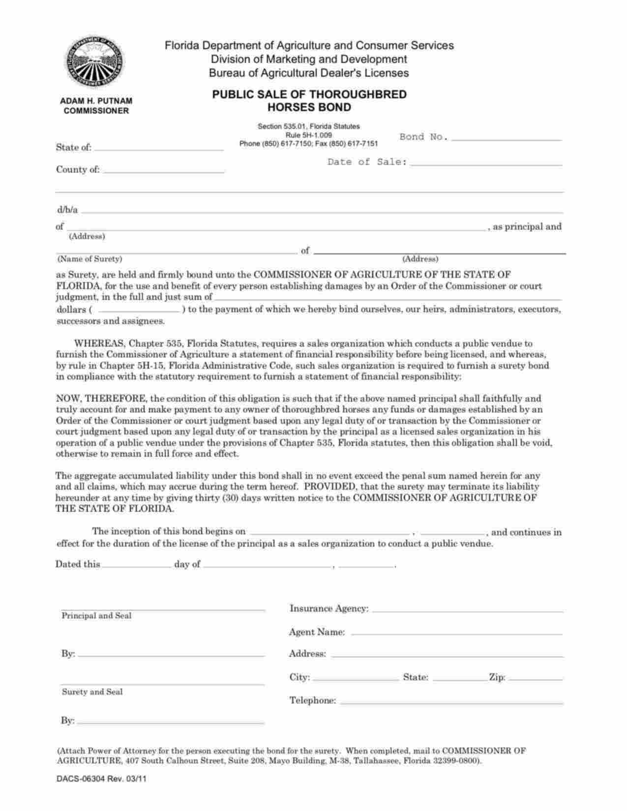 Florida Public Sale of Thoroughbred Horses Bond Form