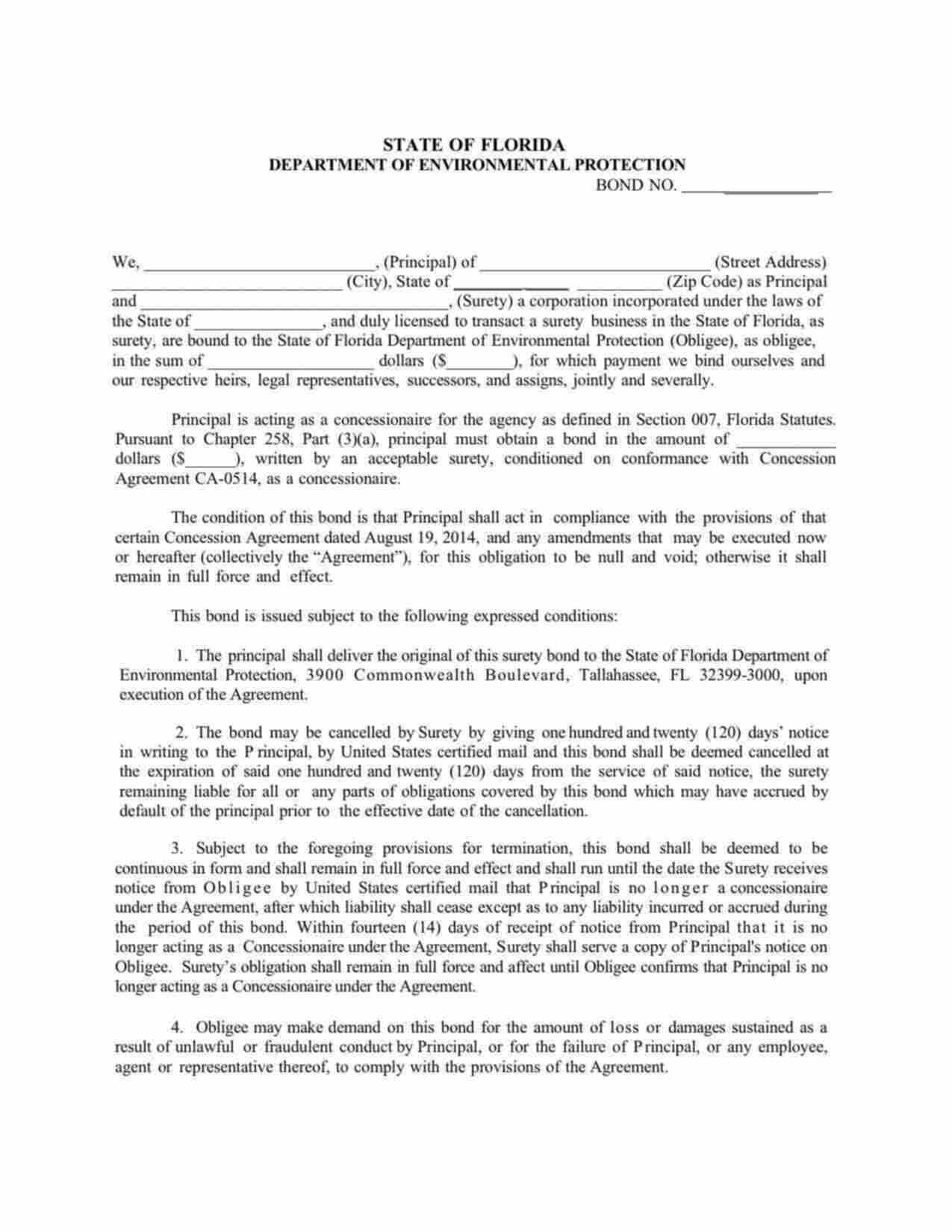 Florida Concessionaire Bond Form