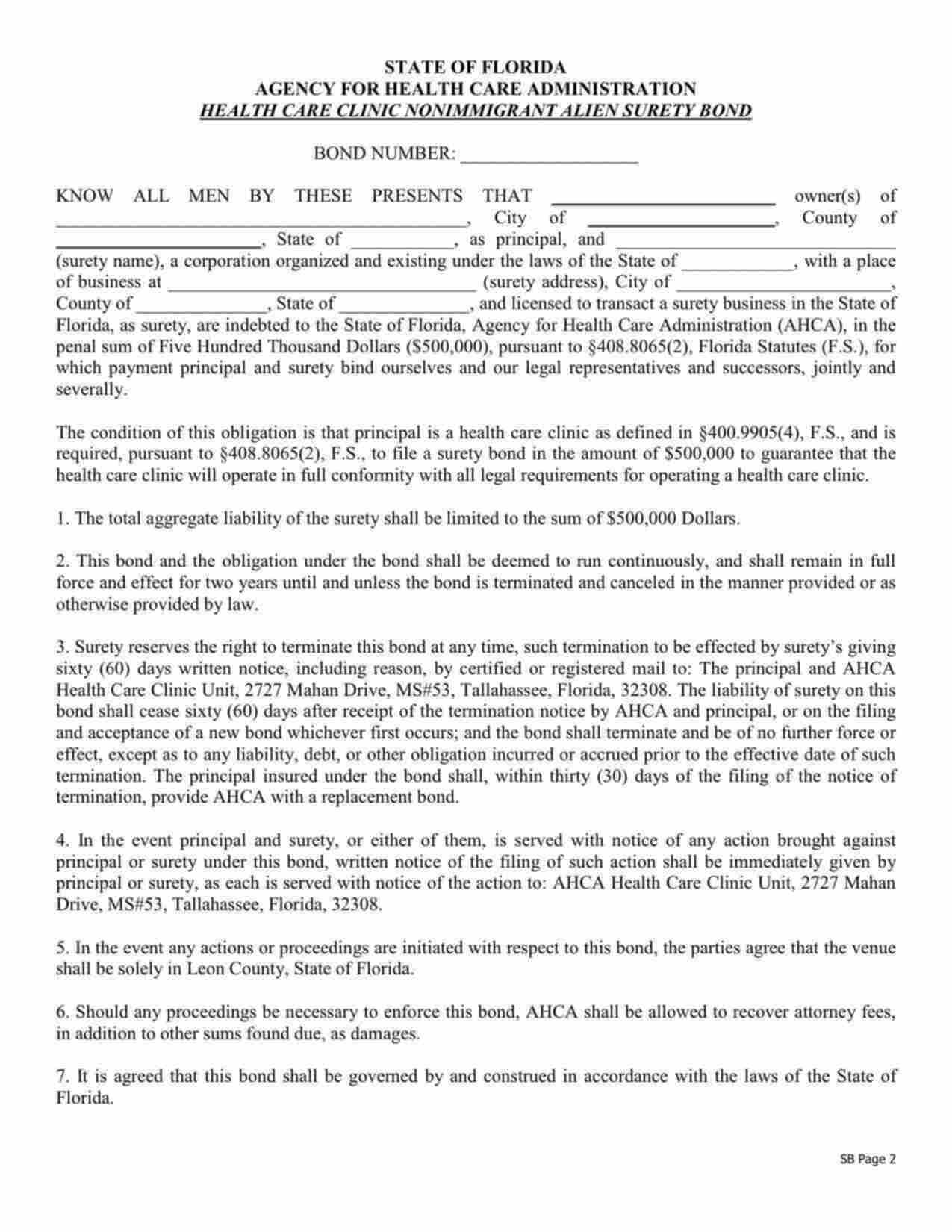 Florida Health Care Clinic Nonimmigrant Alien Bond Form