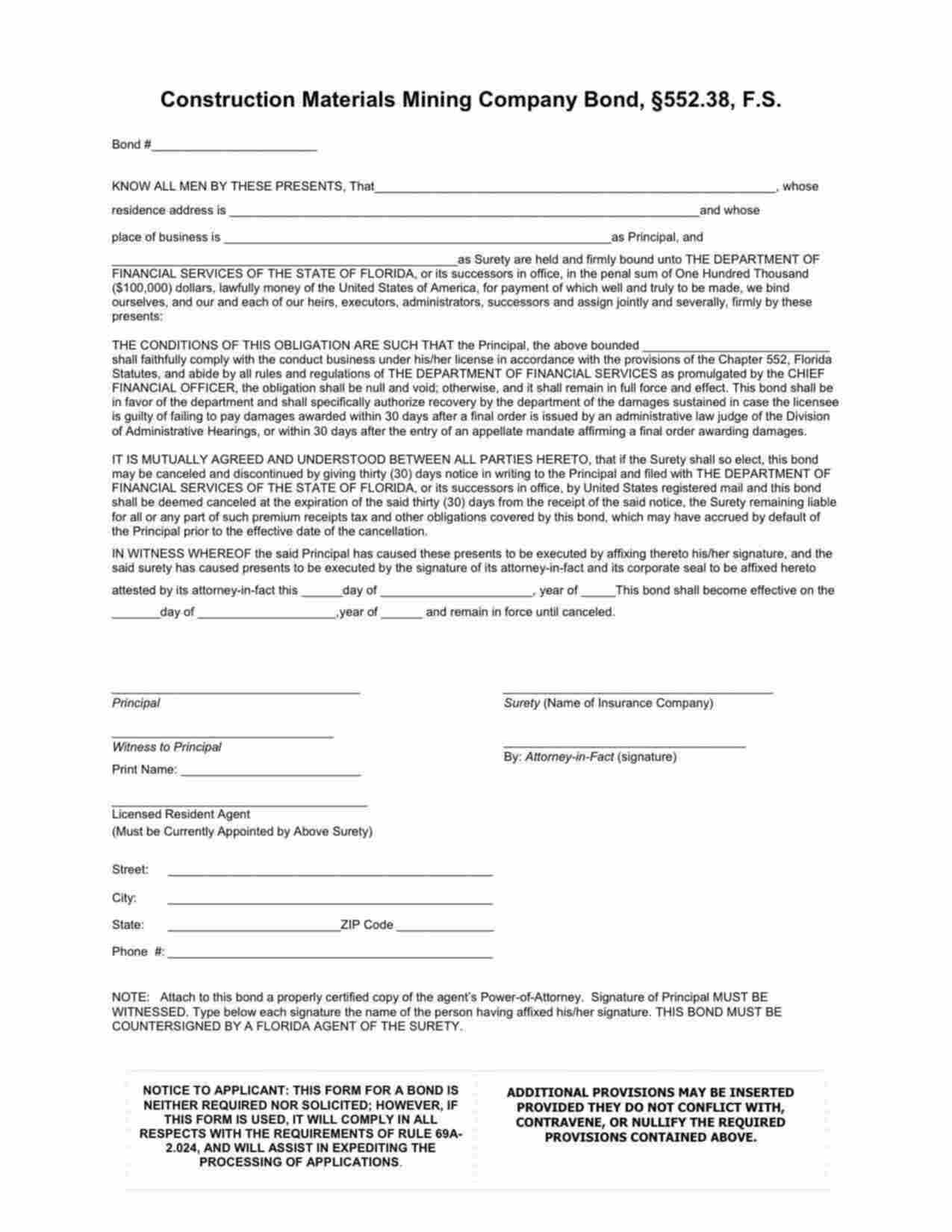 Florida Construction Materials Mining Company Bond Form