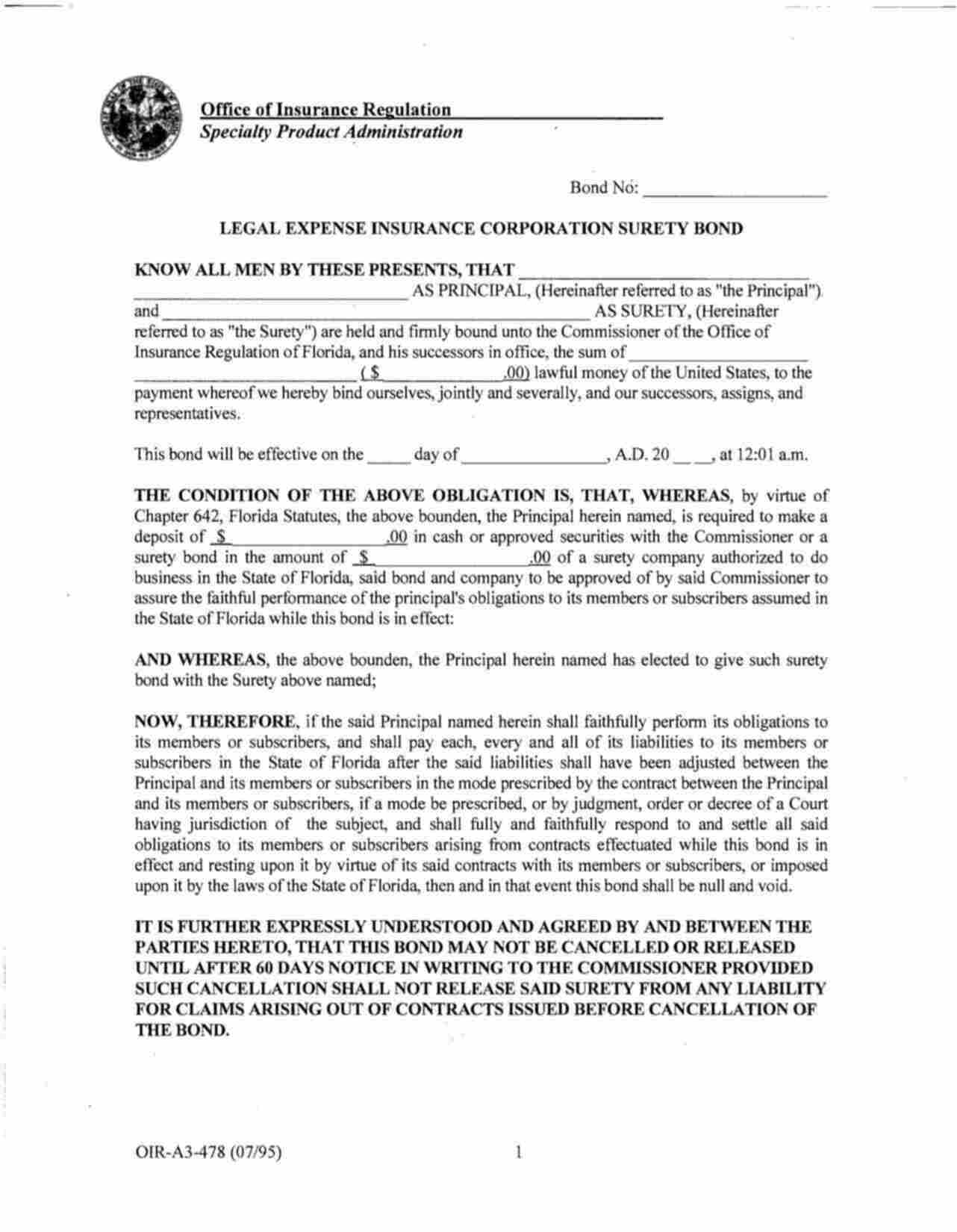 Florida Legal Expense Insurance Corporation Bond Form