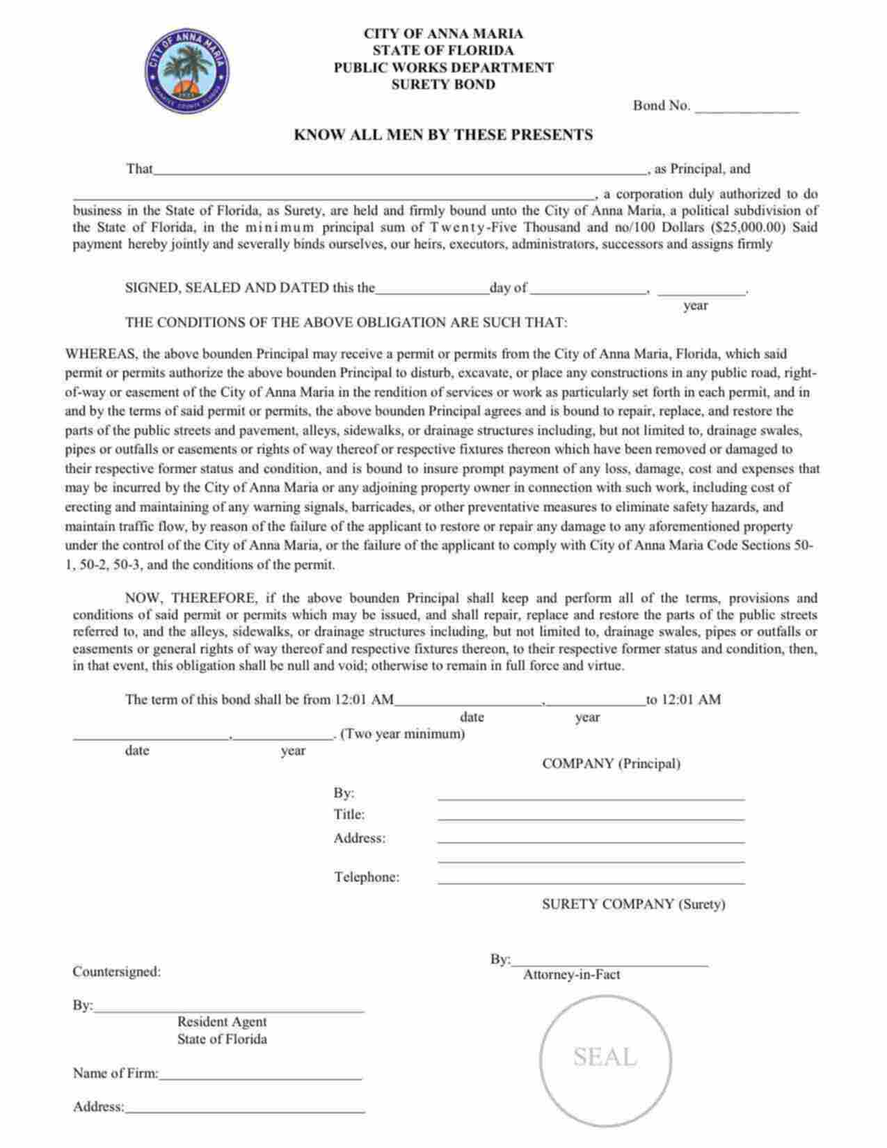 Florida Right of Way Permit Bond Form