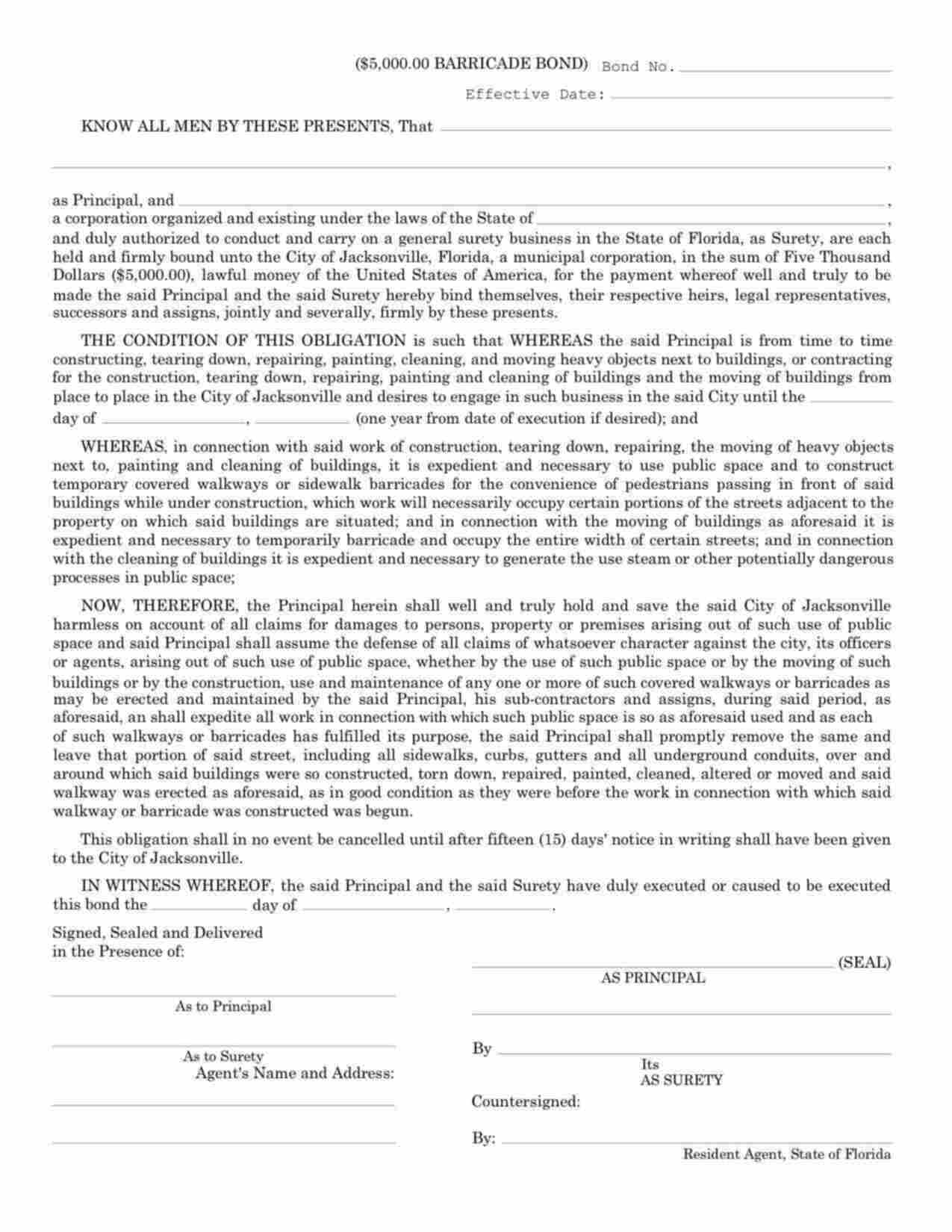 Florida Barricade Bond Form