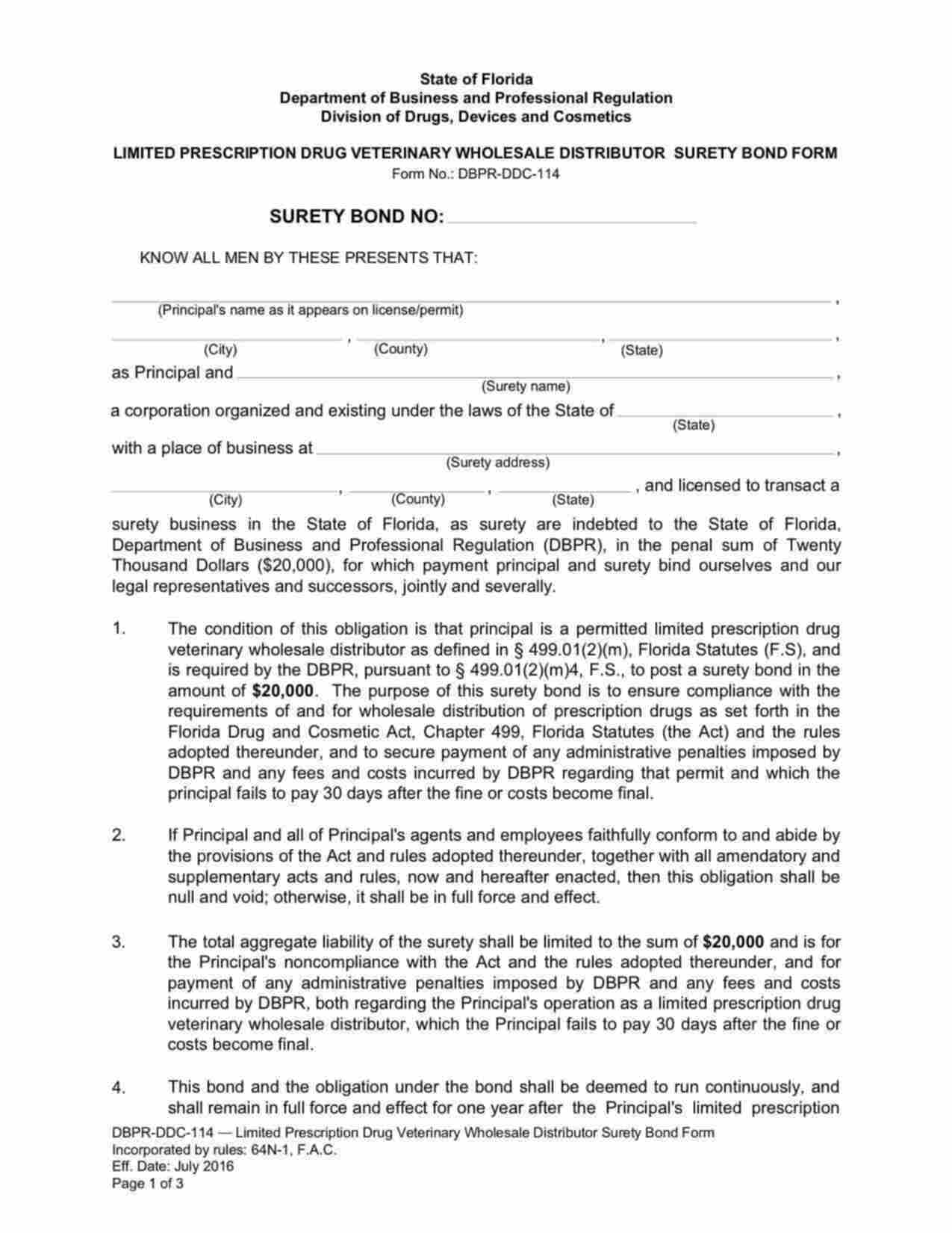 Florida Limited Prescription Drug Veterinary Wholesale Distributor Bond Form