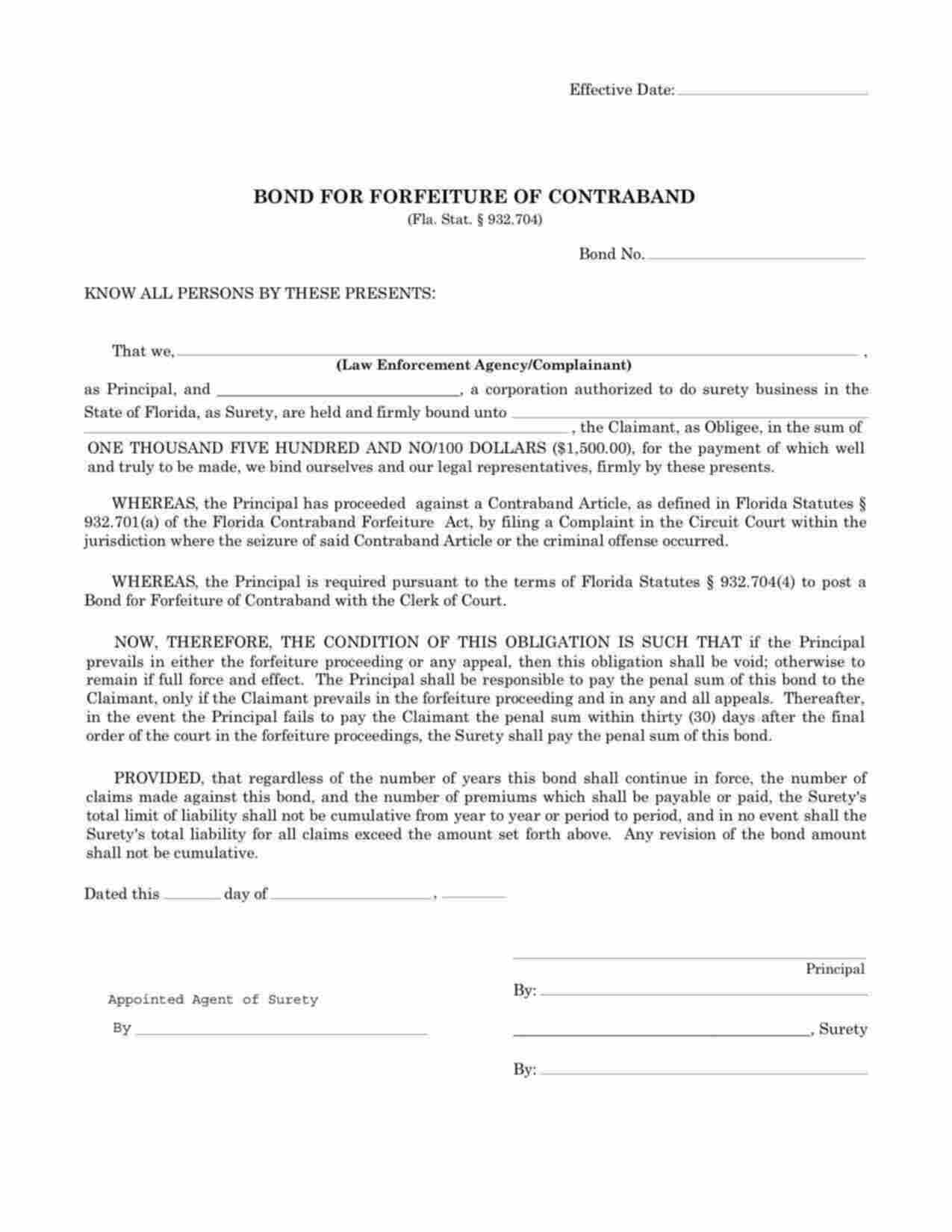 Florida Forfeiture of Contraband Bond Form