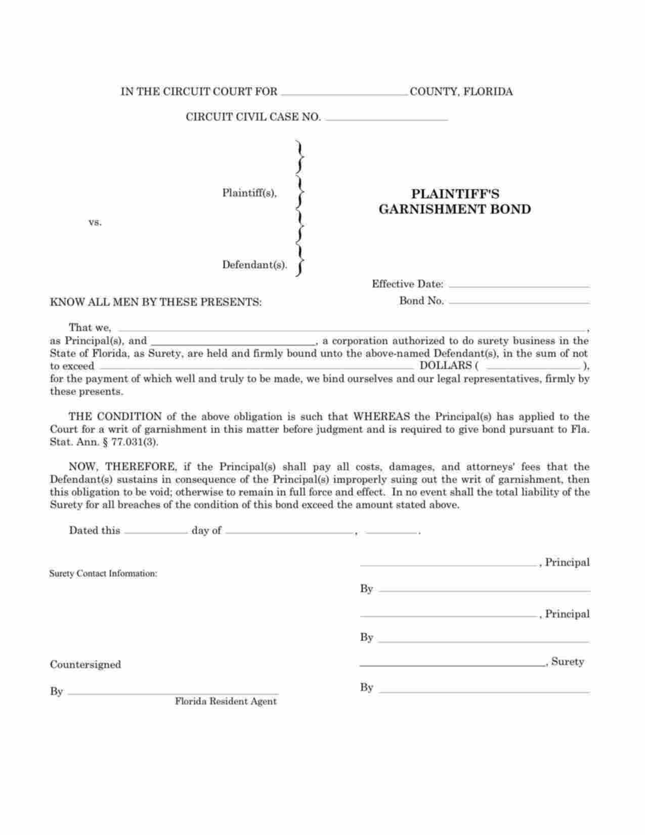 Florida Plaintiffs Garnishment Bond Form