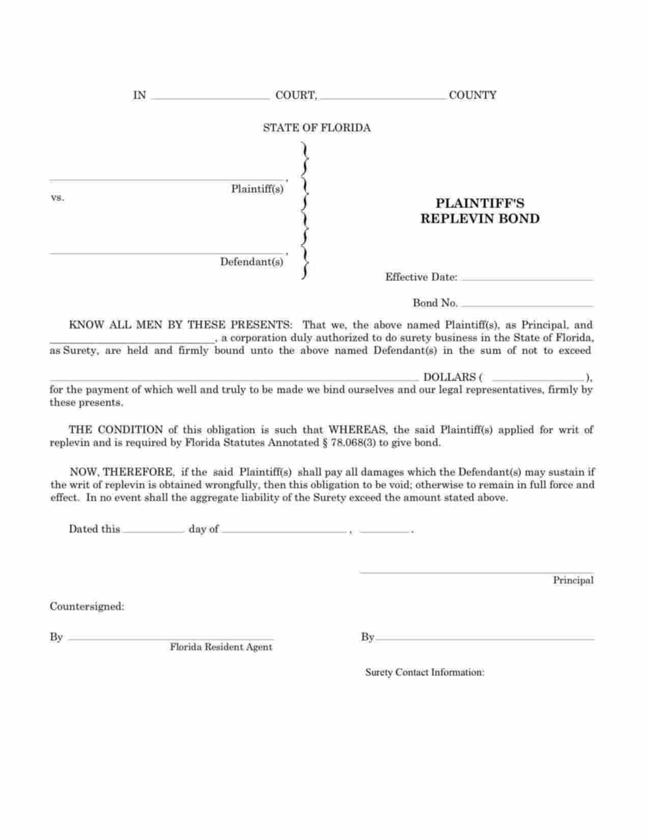 Florida Plaintiffs Replevin Bond Form