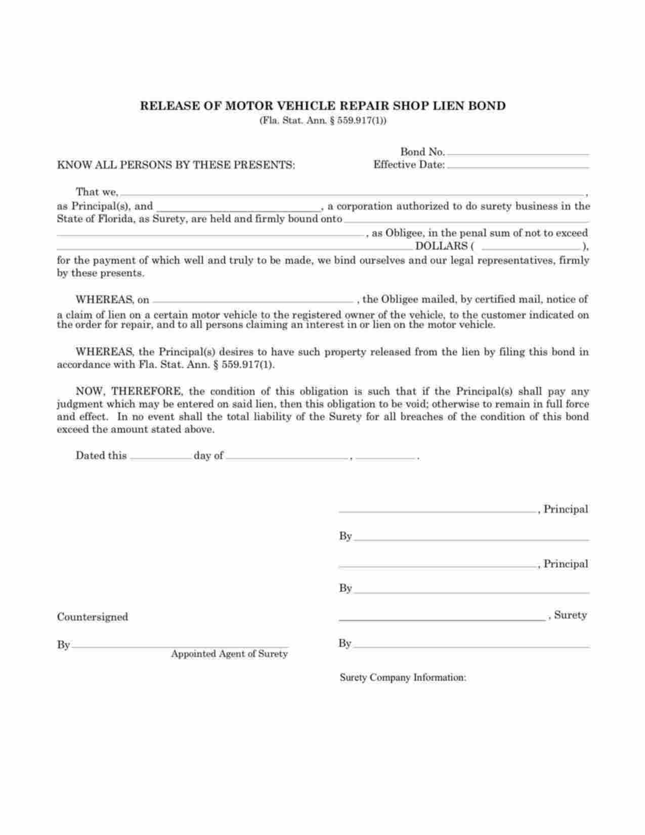 Florida Release of Motor Vehicle Repair Shop Lien Bond Form