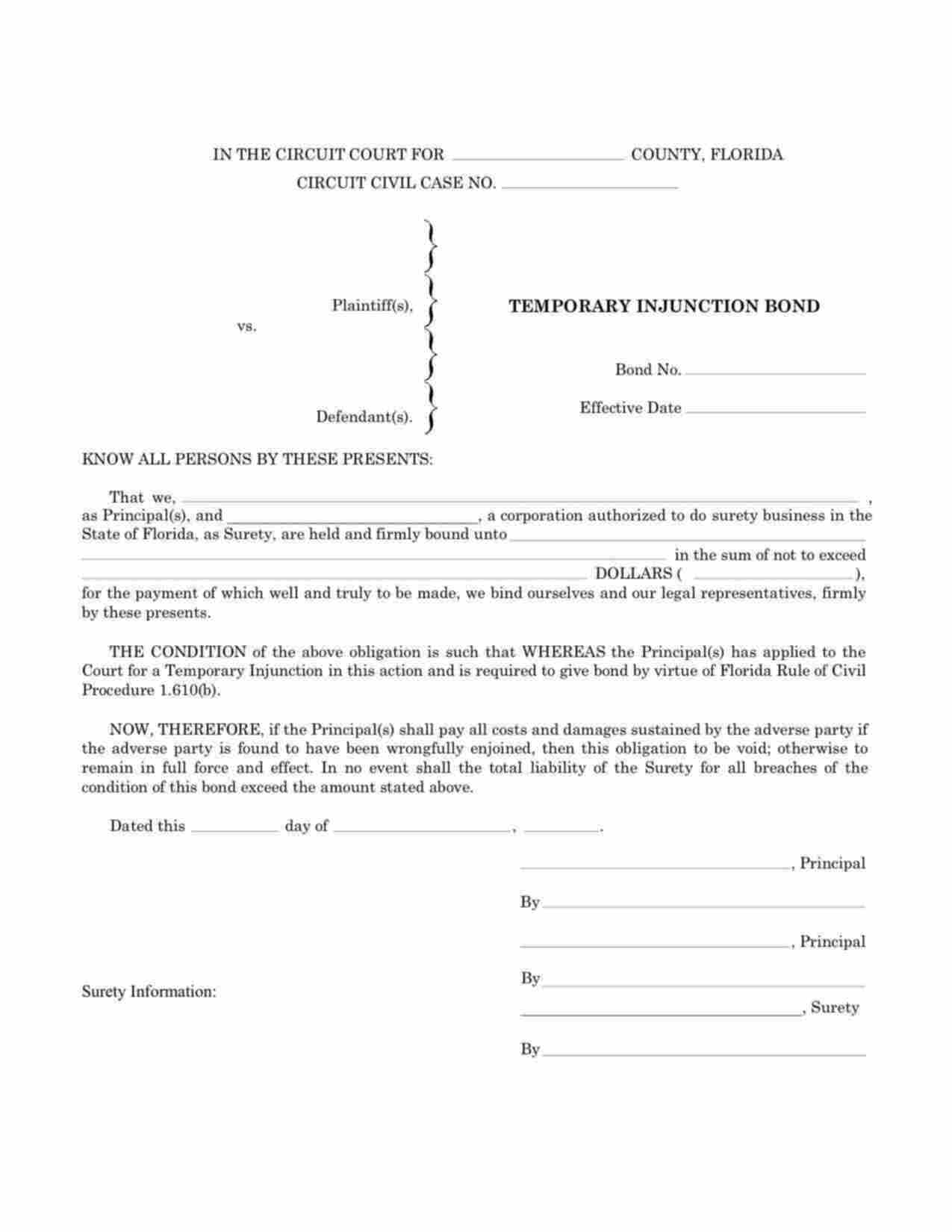 Florida Temporary Injunction Bond Form