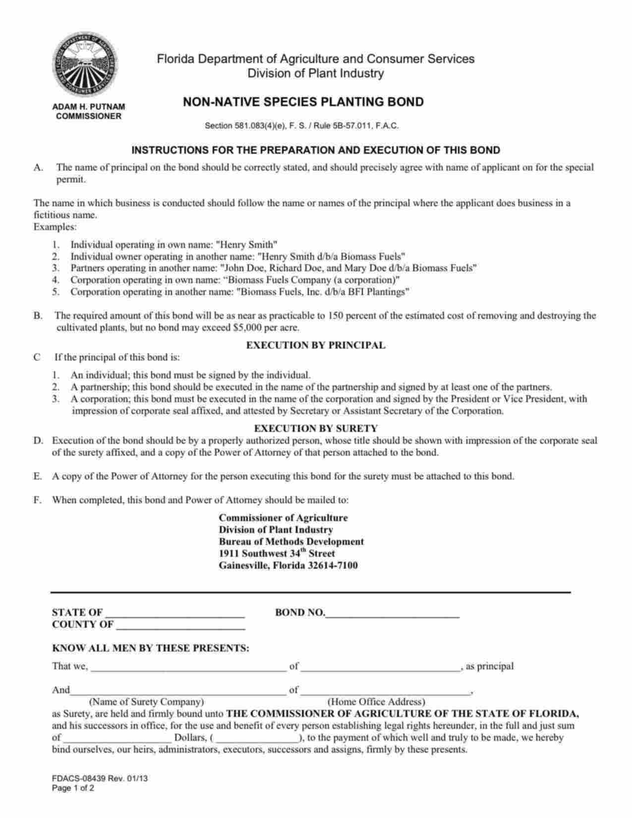 Florida Non-Native Species Planting Bond Form