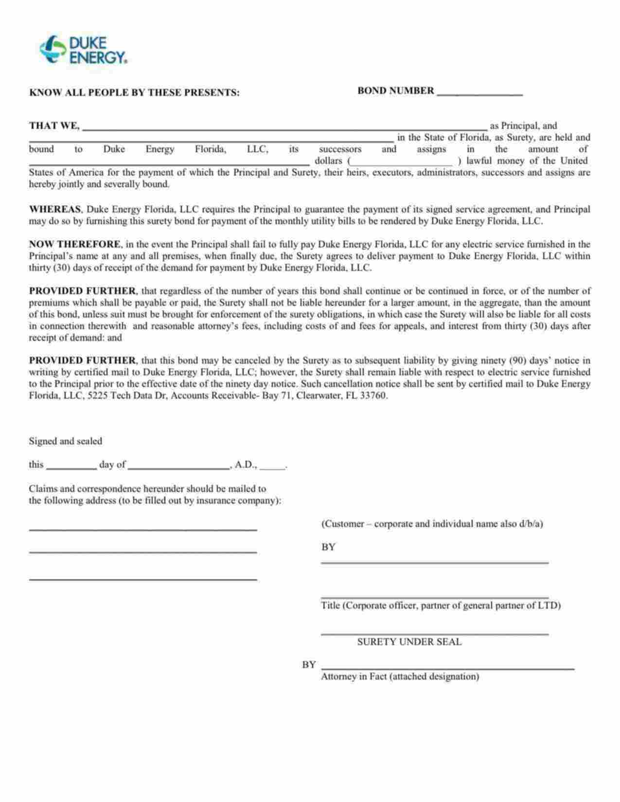 Florida Utility Deposit Bond Form