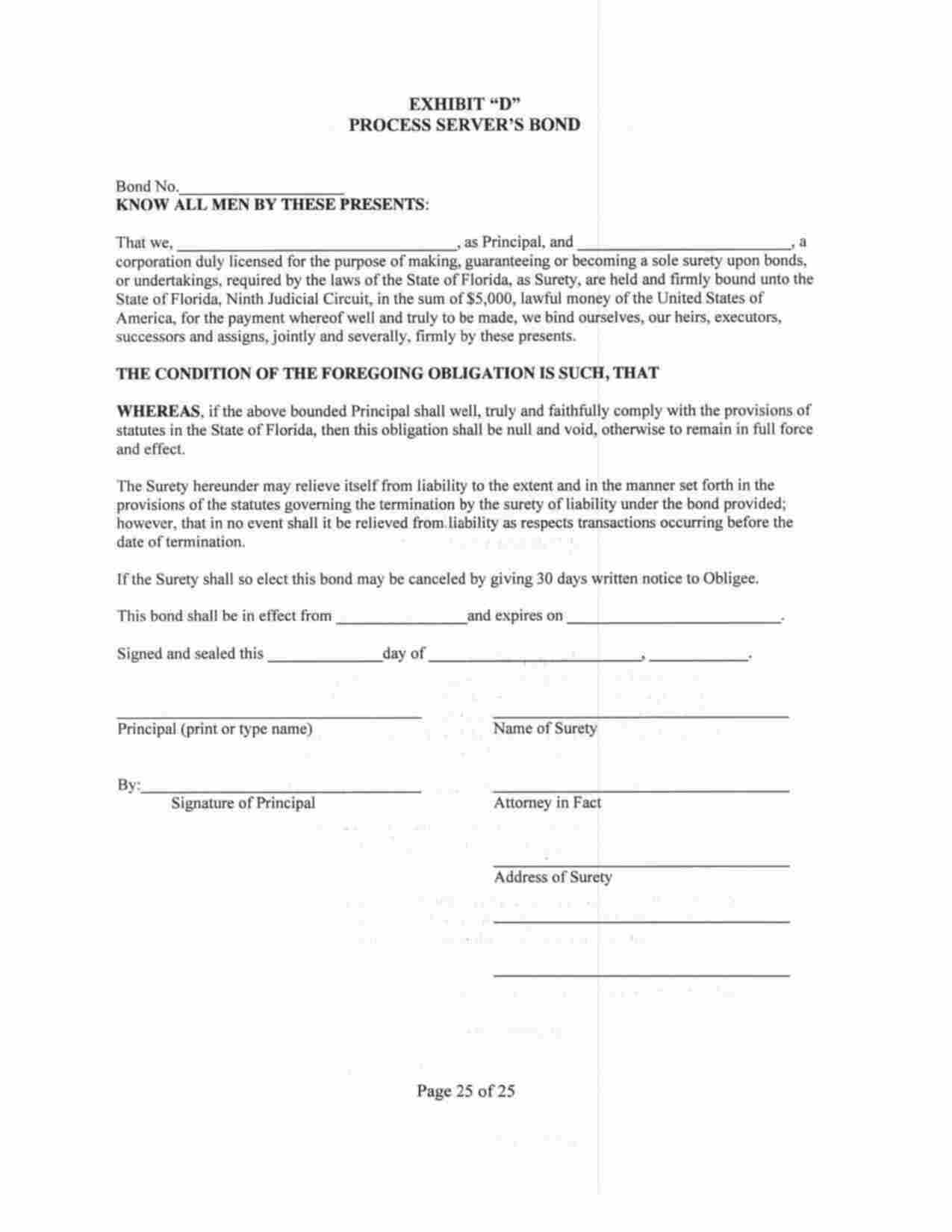 Florida Process Server Bond Form