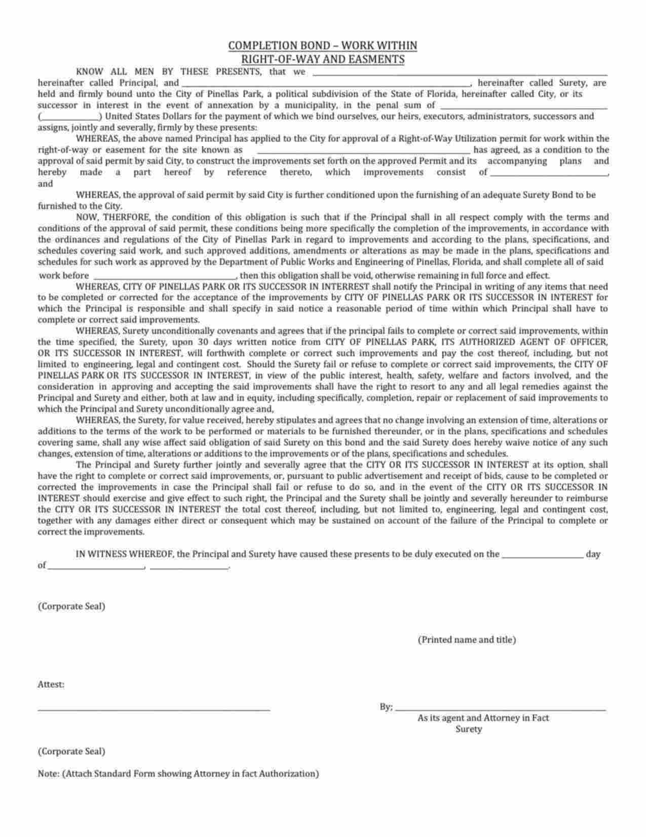 Florida Right-of-Way Completion Bond Form