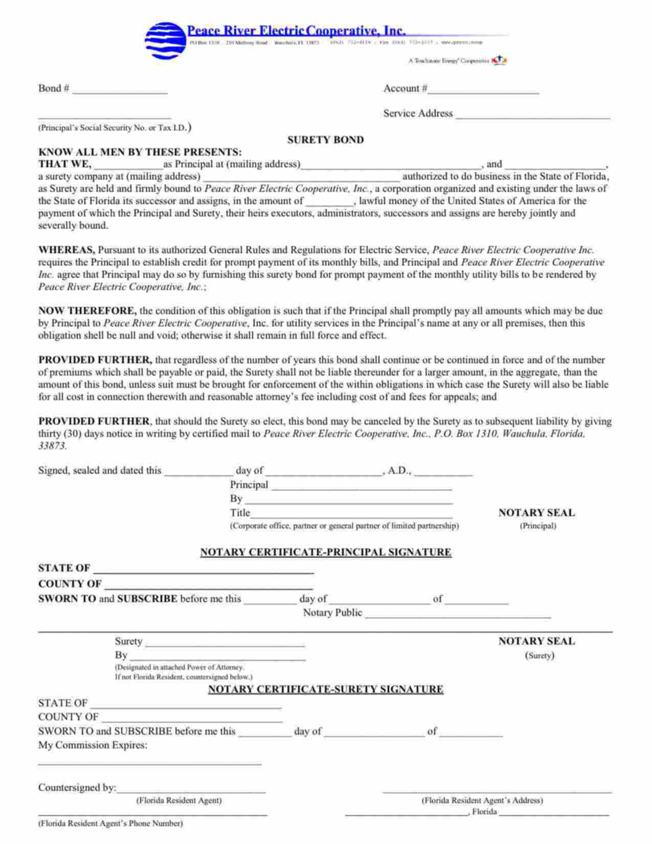 Florida Utility Deposit Bond Form