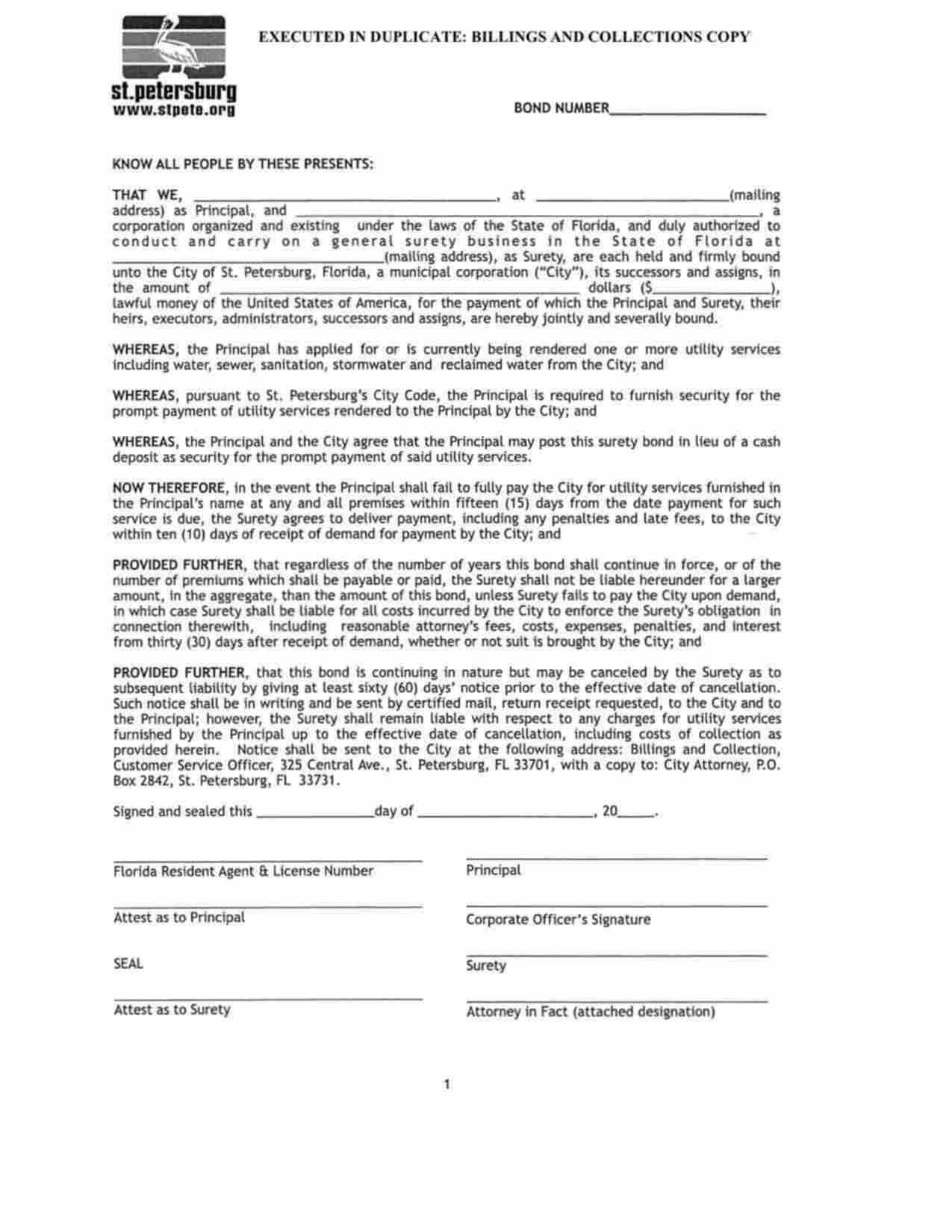 Florida Utility Deposit Bond Form