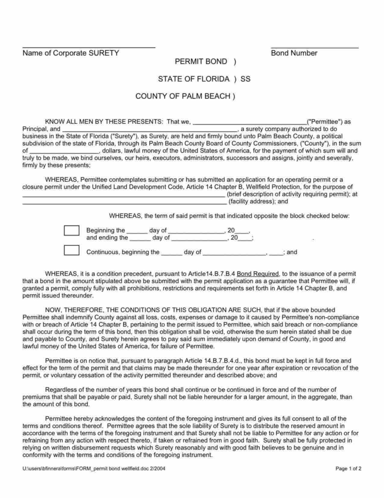 Florida Wellfield Protection Permit Bond Form