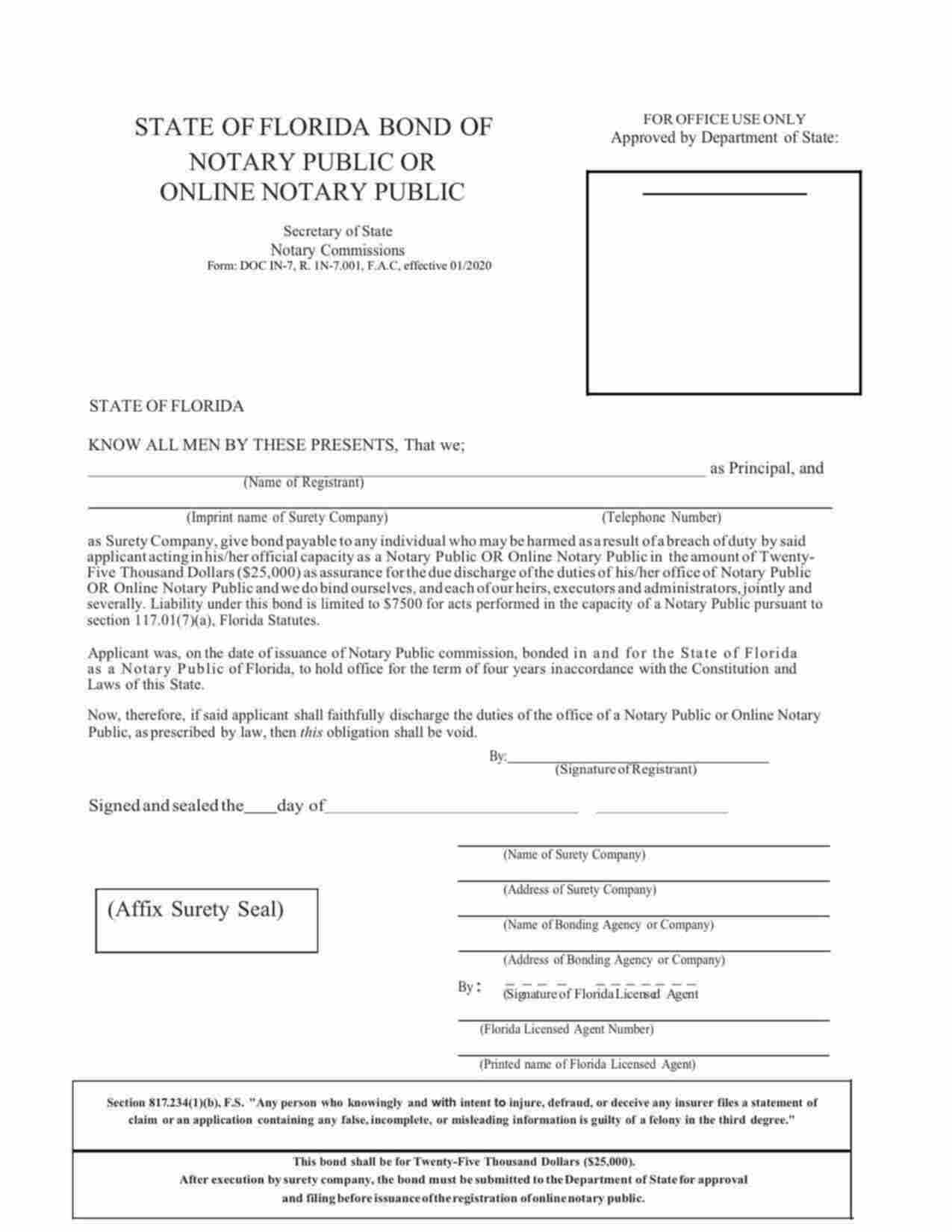 Florida Online Notary Public Bond Form