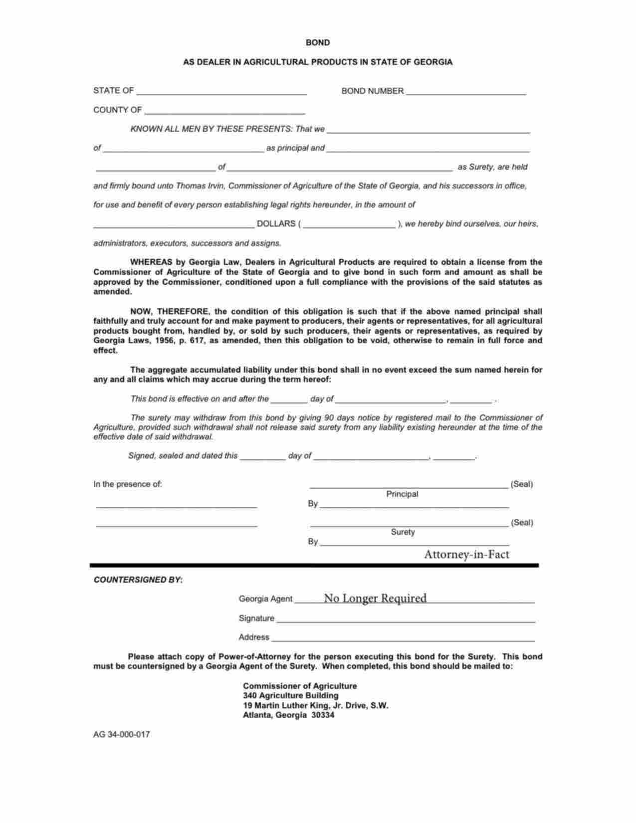 Georgia Dealer in Agricultural Products Bond Form