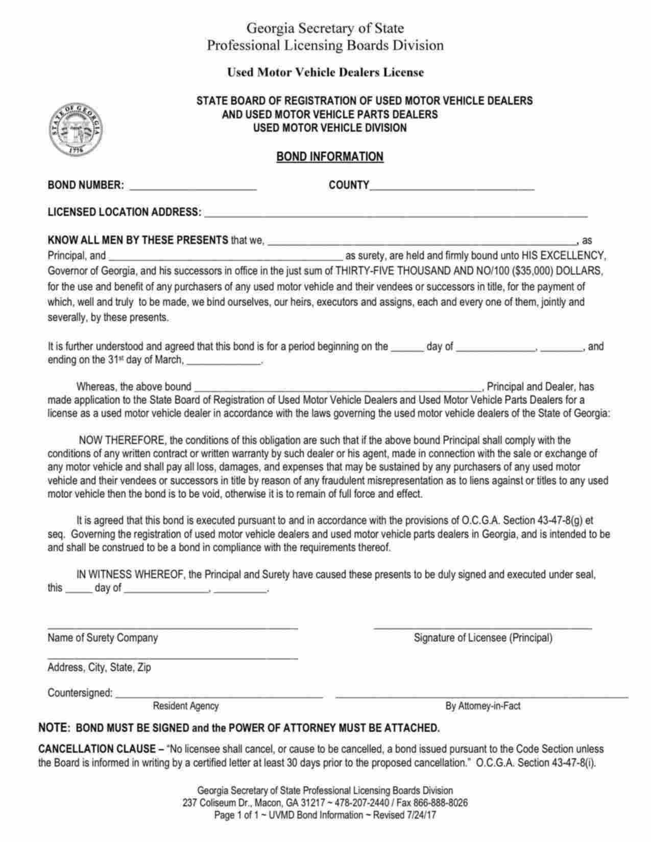 Georgia Used Motor Vehicle Dealers Bond Form