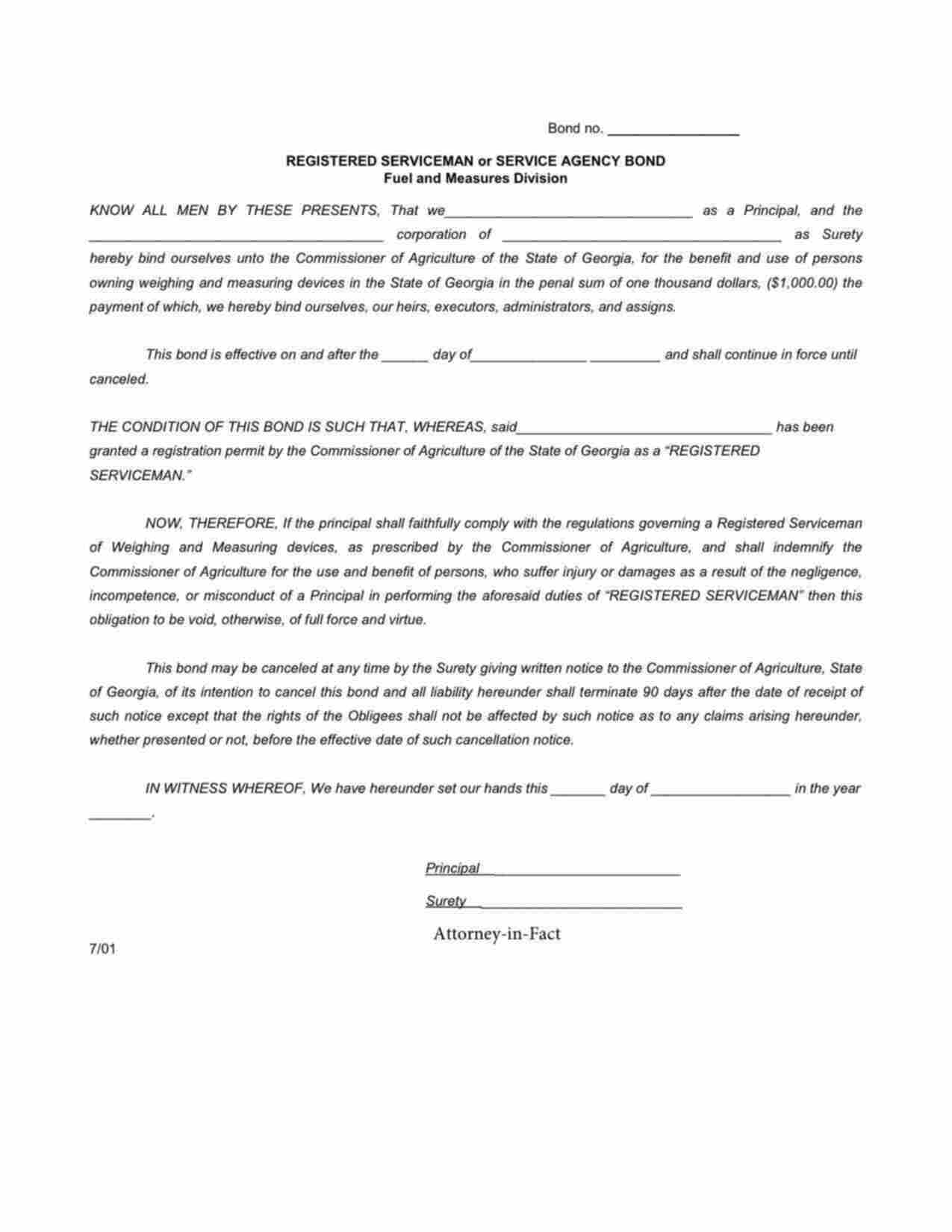 Georgia Registered Serviceman or Service Agency of Weighing and Measuring Devices Bond Form