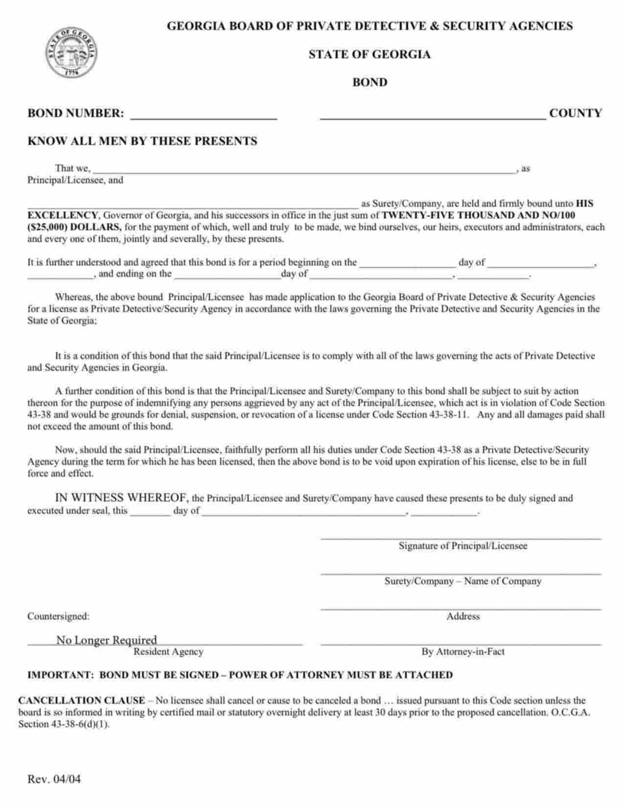 Georgia Private Detective/Security Agency Bond Form