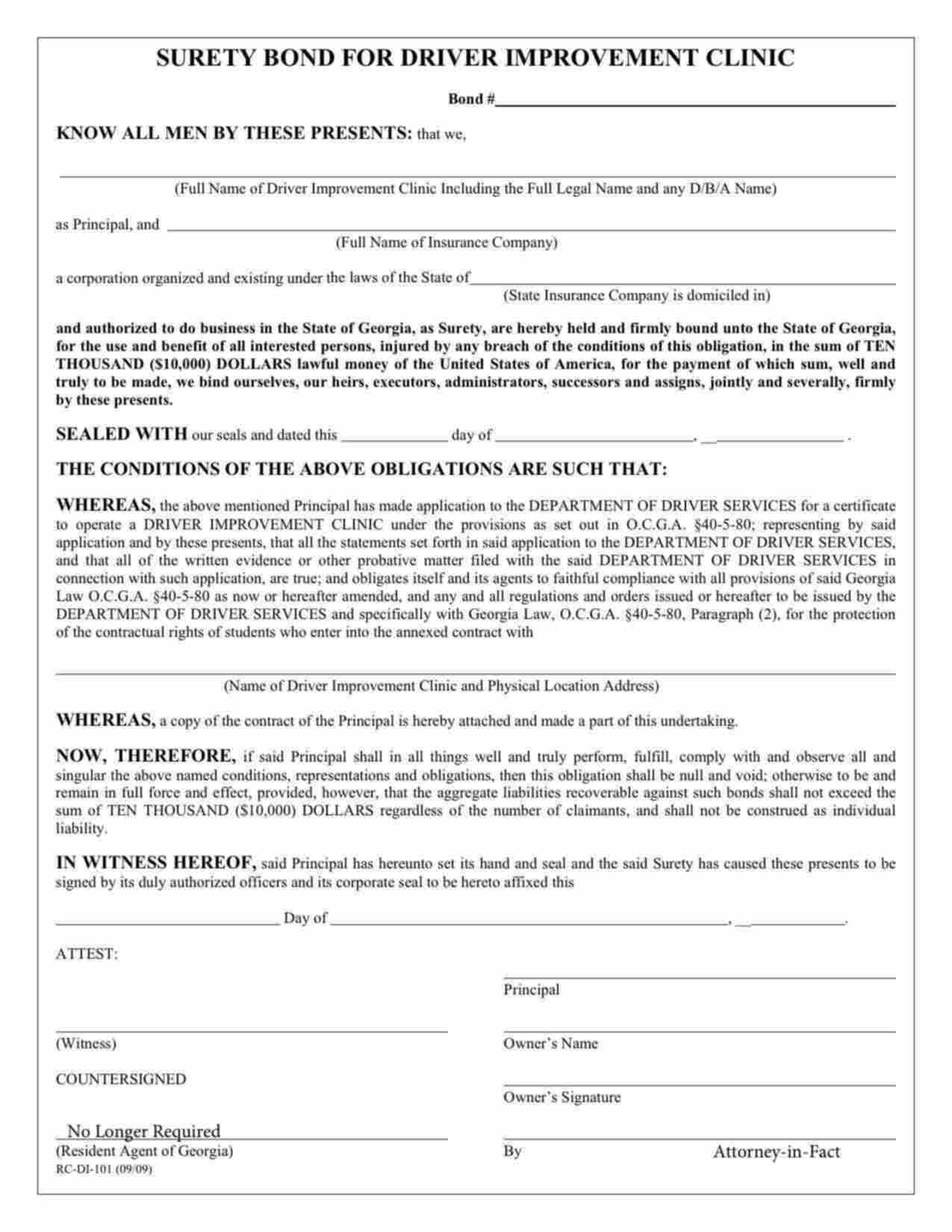 Georgia Driver Improvement Clinic Bond Form