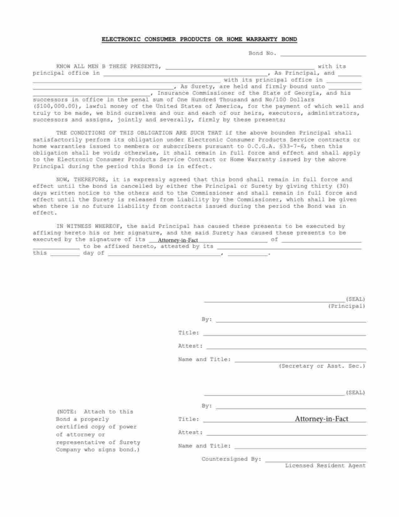 Georgia Electronic Consumer Products or Home Warranty Bond Form