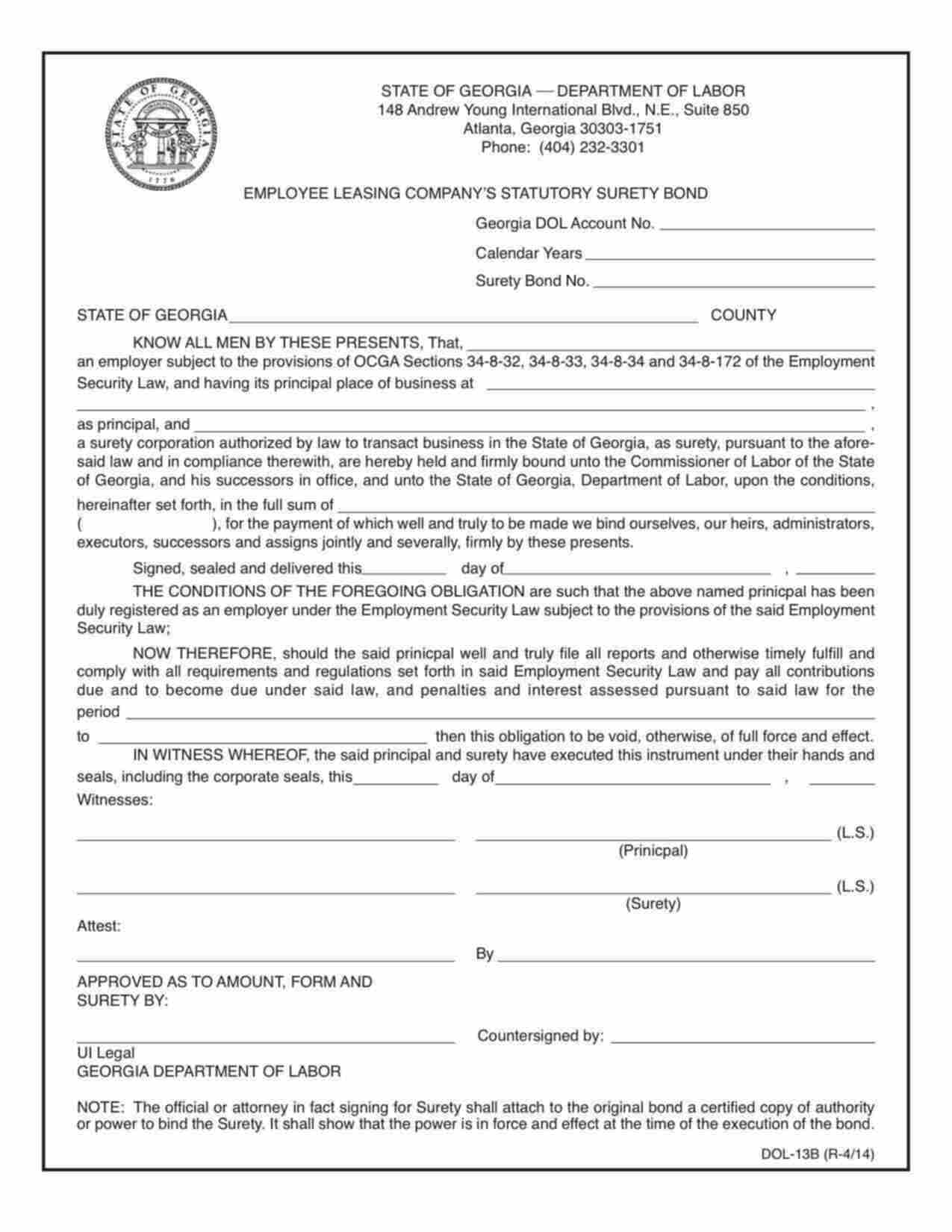 Georgia Employee Leasing Company Bond Form