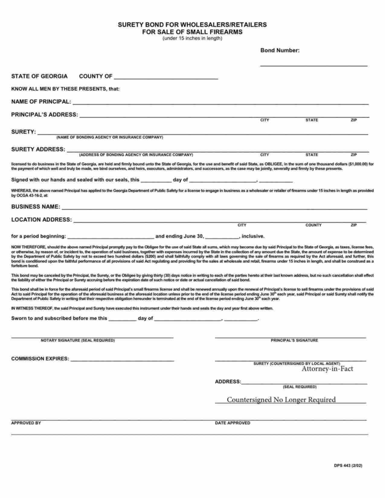 Georgia Sale of Small Firearms Bond Form