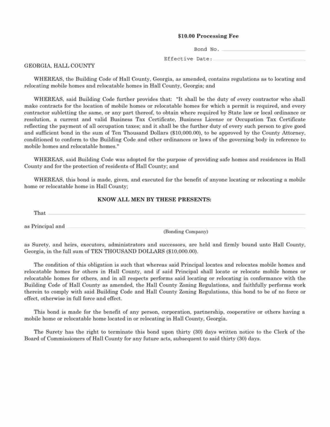 Georgia Mobile Home Set Up Contractor Bond Form