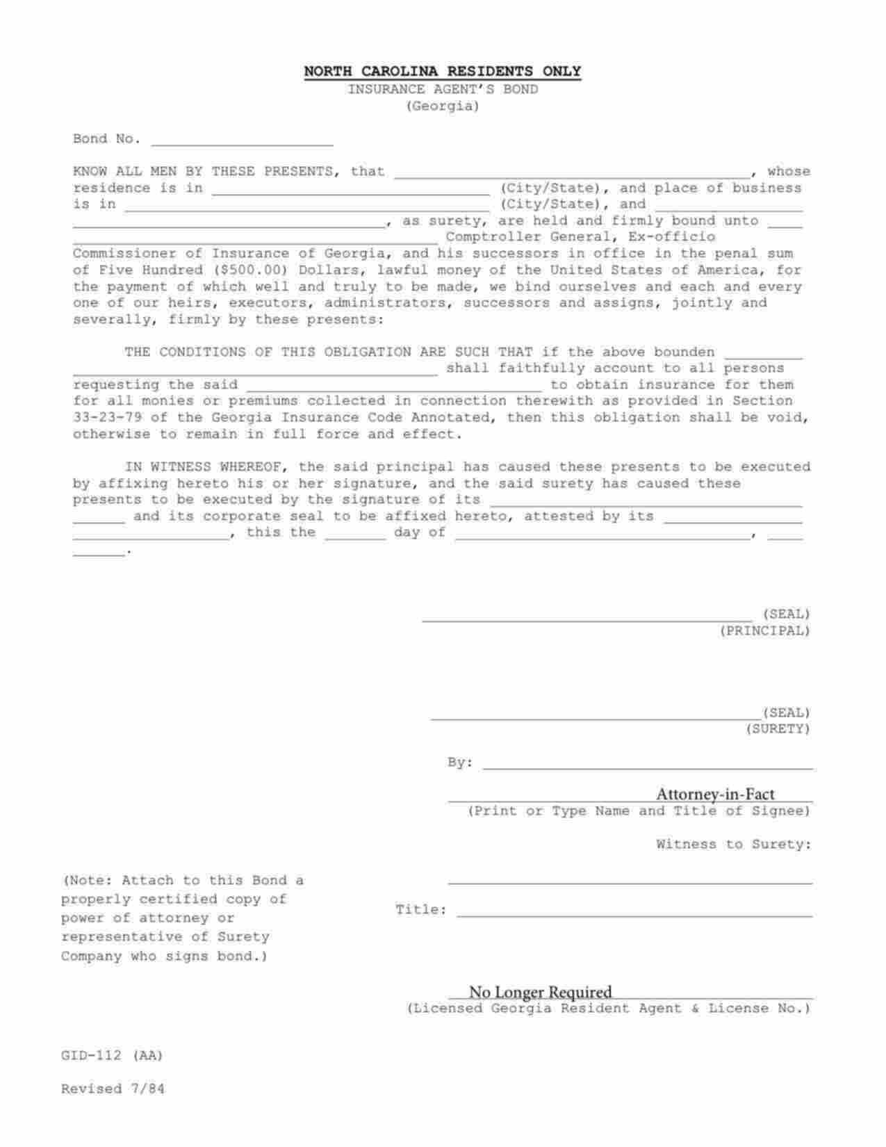 Georgia Non-Resident Insurance Agent Bond Form