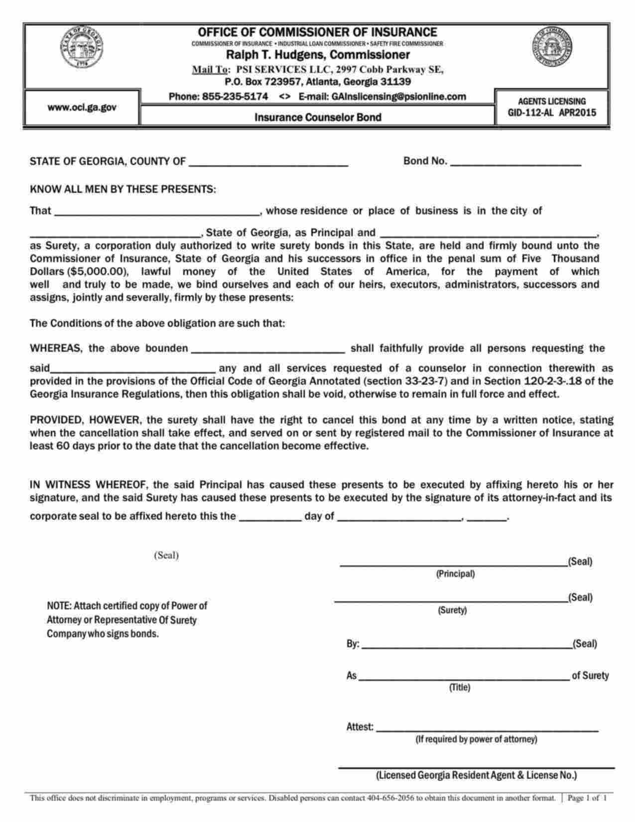 Georgia Insurance Counselor Bond Form