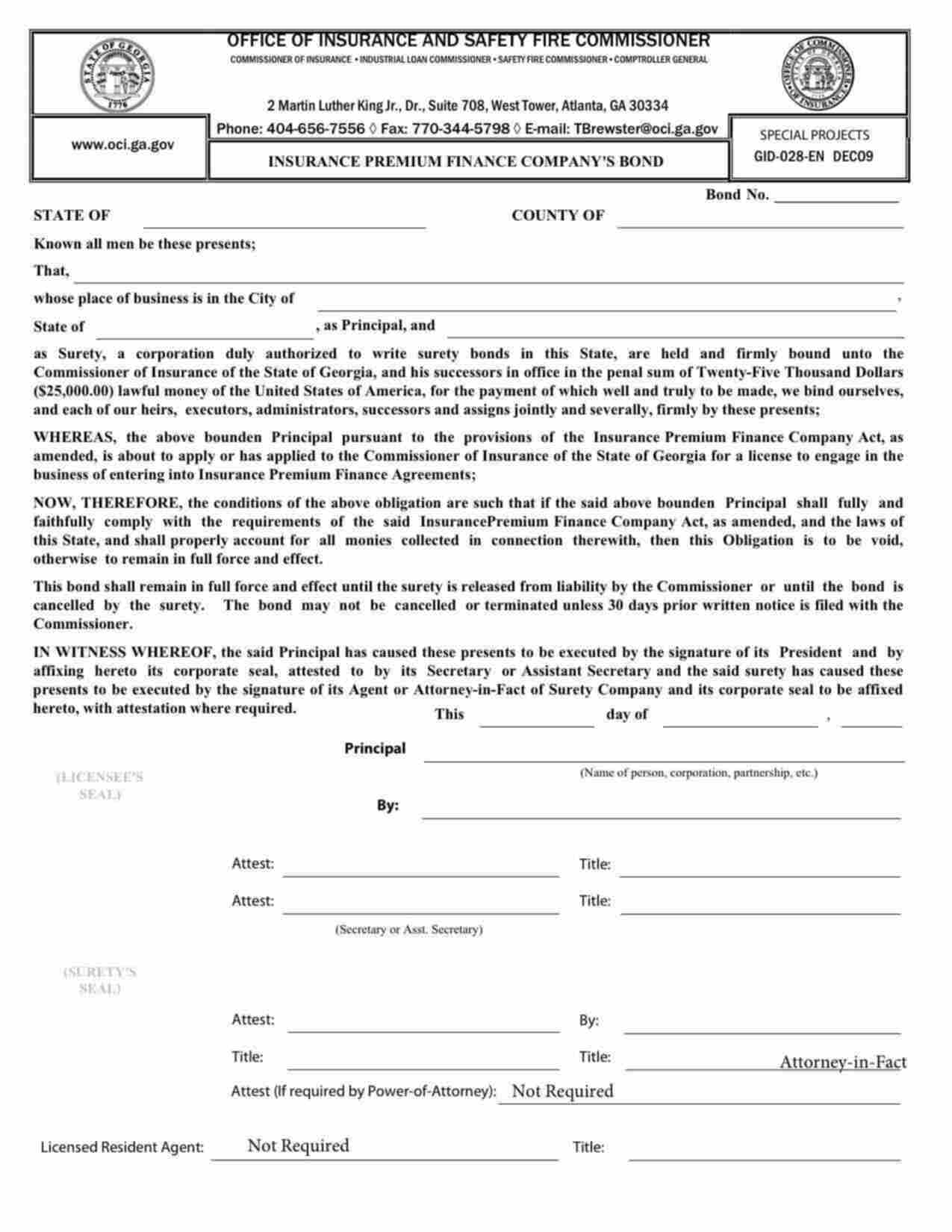 Georgia Insurance Premium Finance Company Bond Form