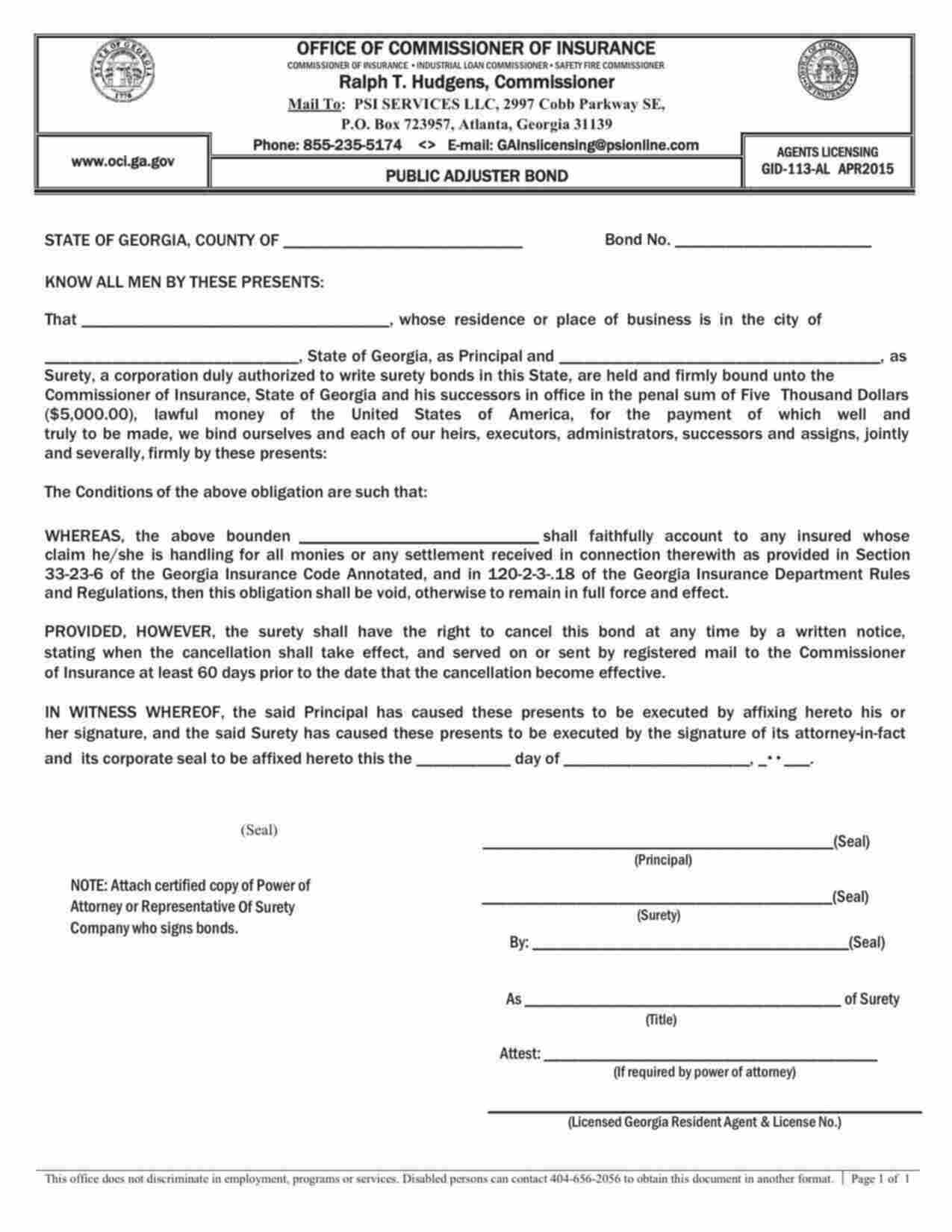 Georgia Public Adjuster Bond Form