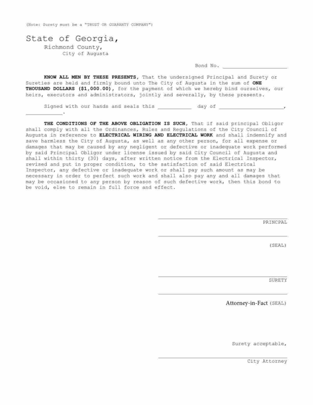 Georgia Electrical Wiring and Electrical Work Bond Form