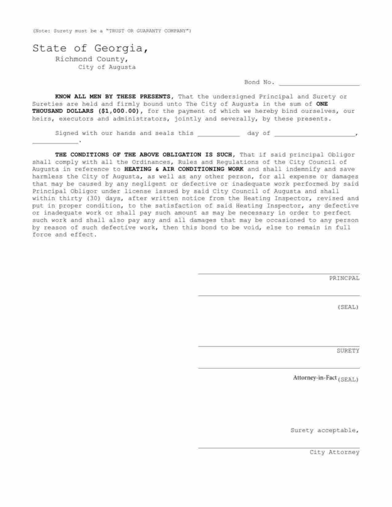 Georgia Heating and Air Conditioning Work Bond Form