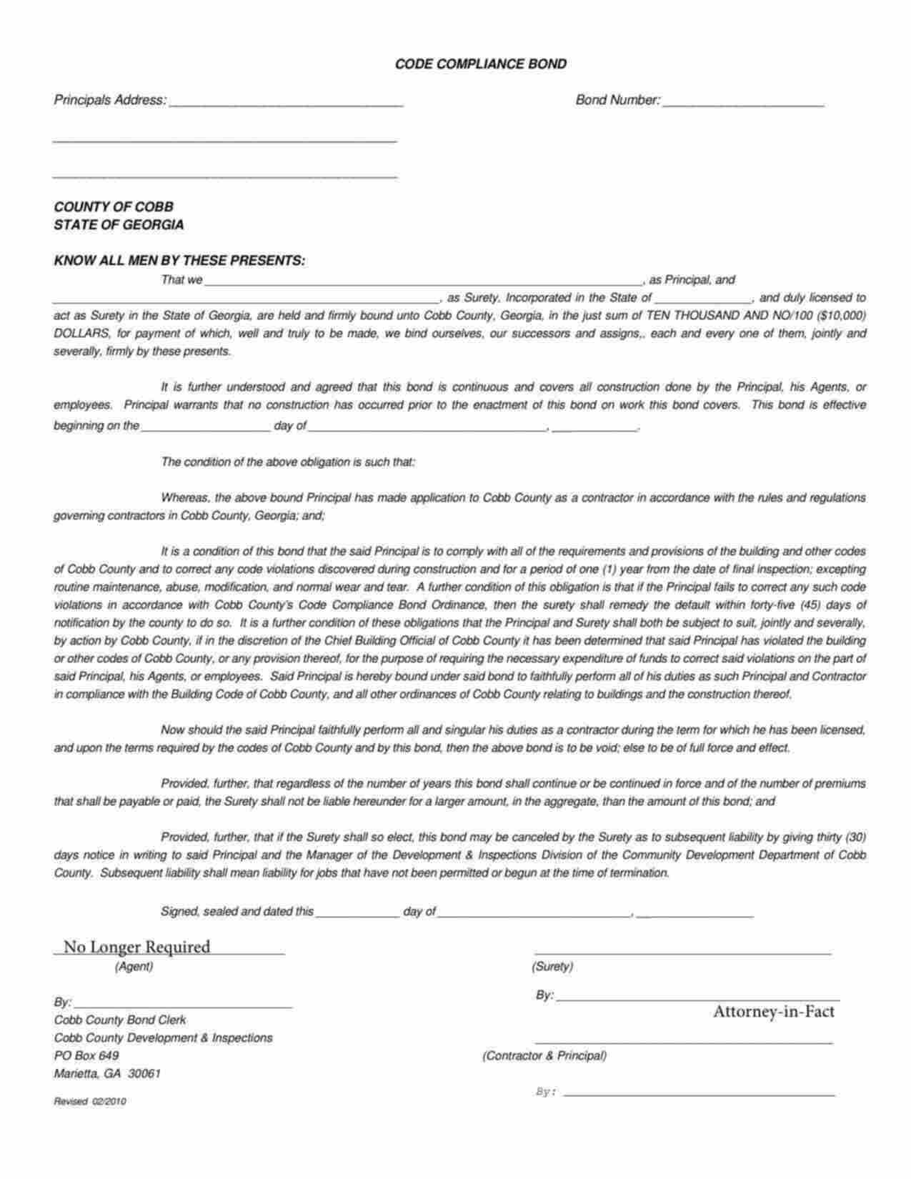 Georgia NO LONGER REQUIRED - Contractor Code Compliance Bond Form