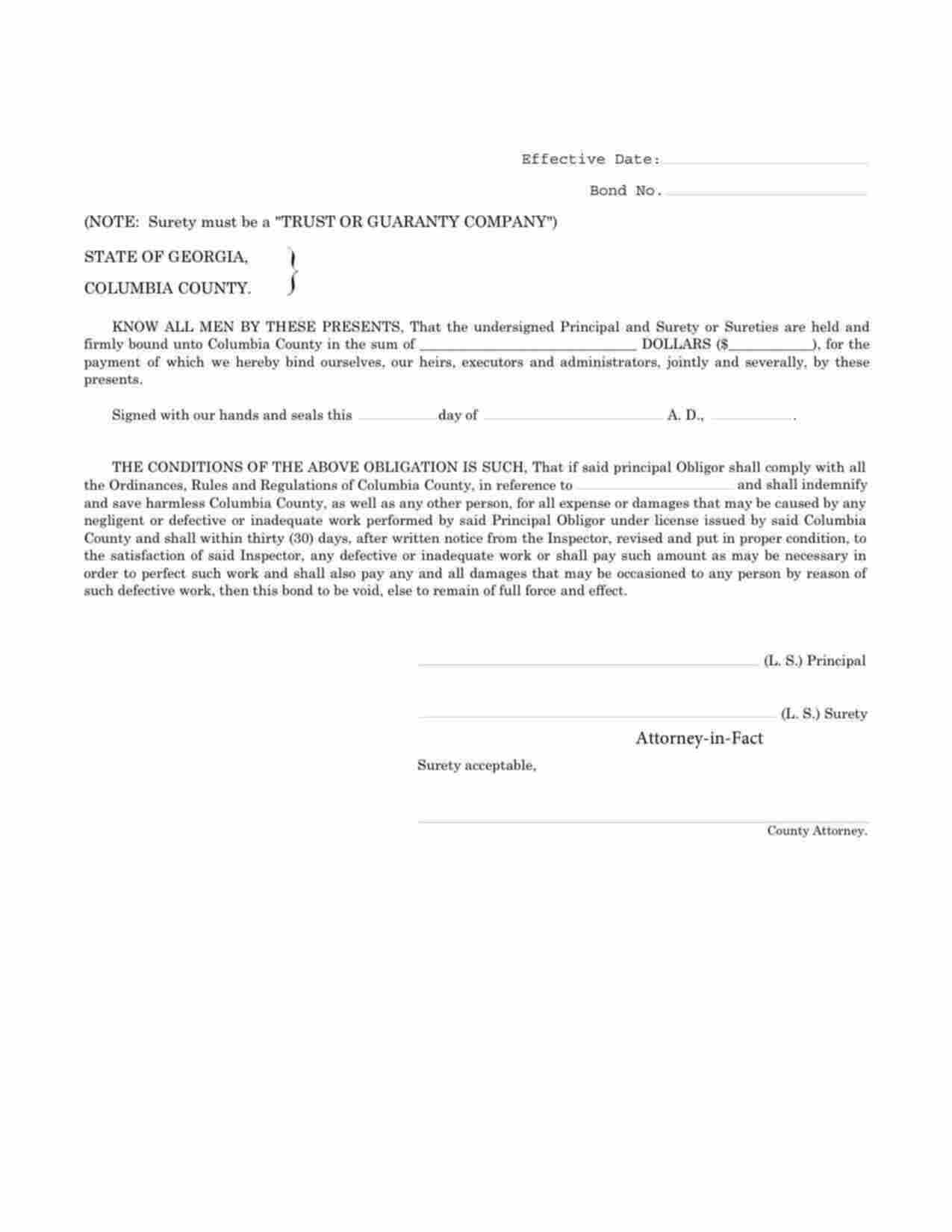 Georgia License/Permit Bond Form